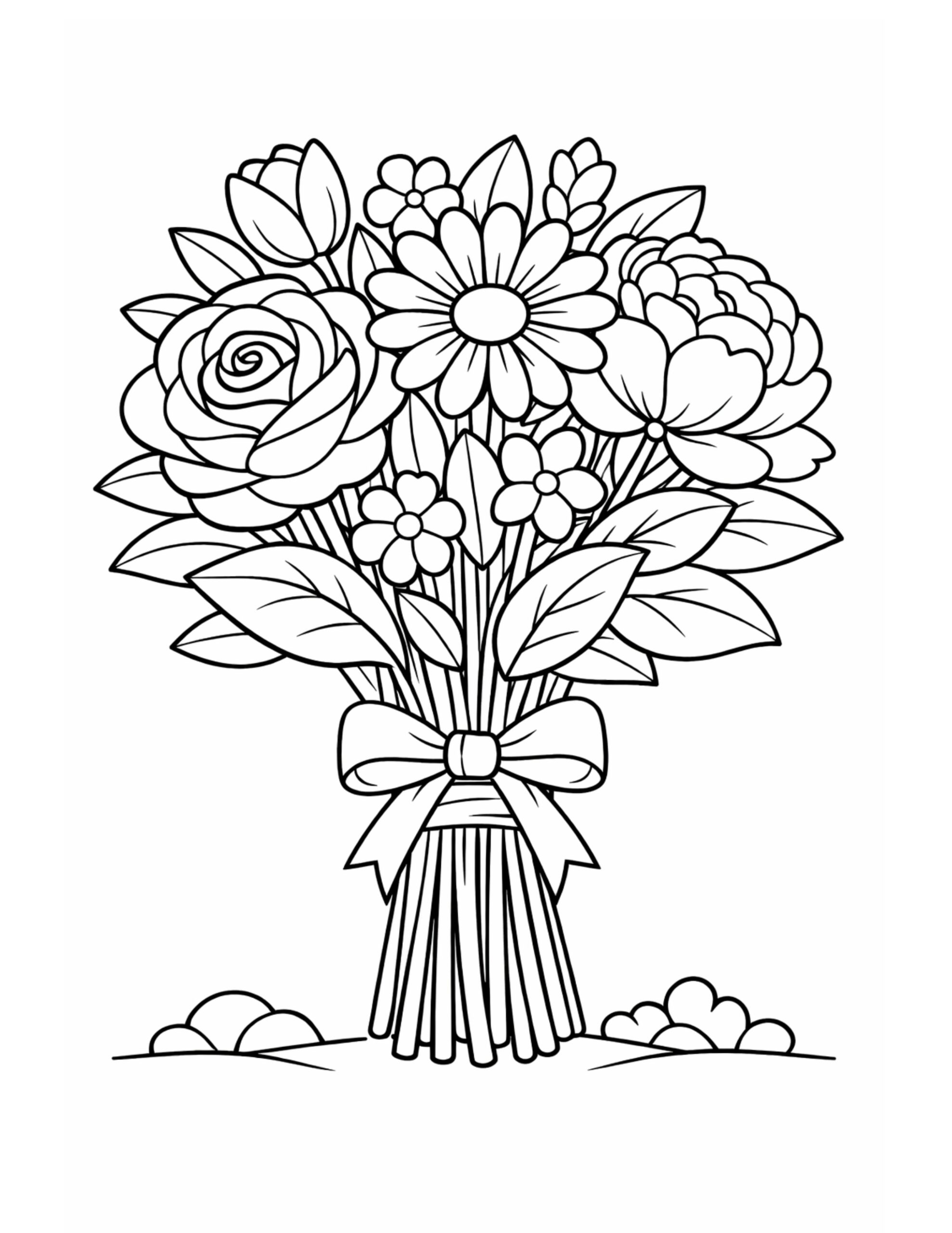 flower bouquet tied with ribbon coloring page with detailed floral arrangement and bow