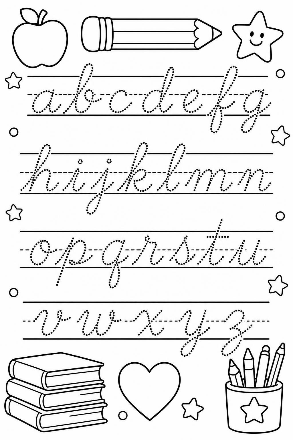 A practice sheet with the lowercase cursive alphabet in dotted letters on three ruled lines