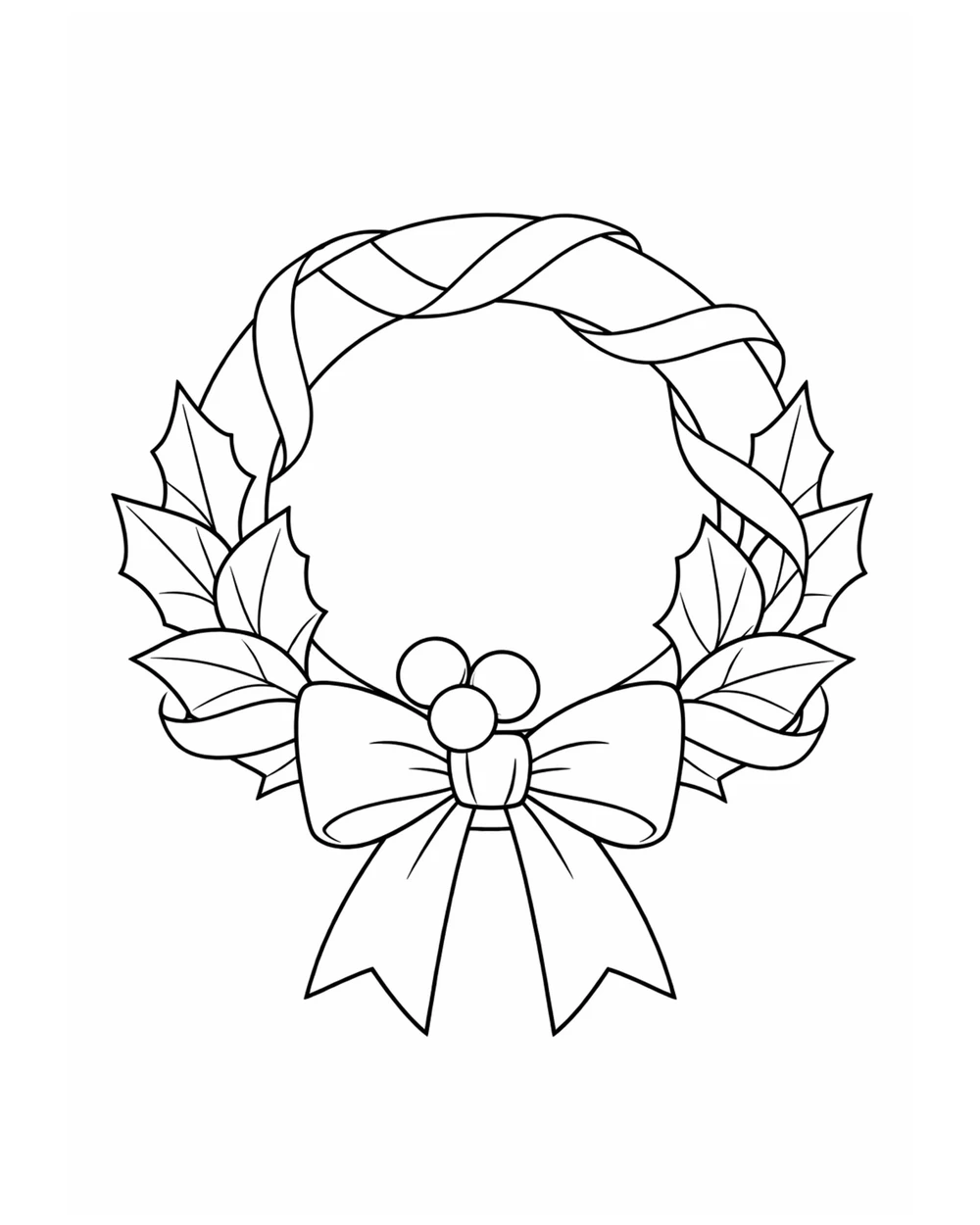 Bold and easy coloring page of a Christmas wreath with wide leaves and a large ribbon, easy difficulty