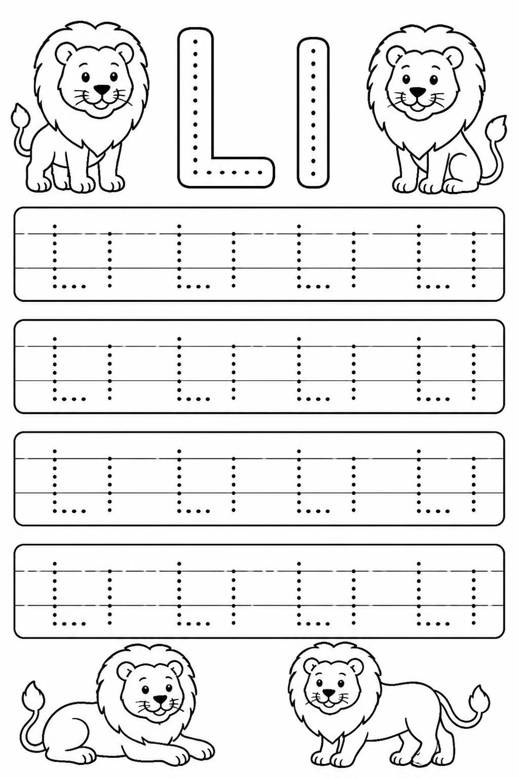 A tracing worksheet with capital L and lowercase l in dotted letters on four rows, with lions at the top and bottom