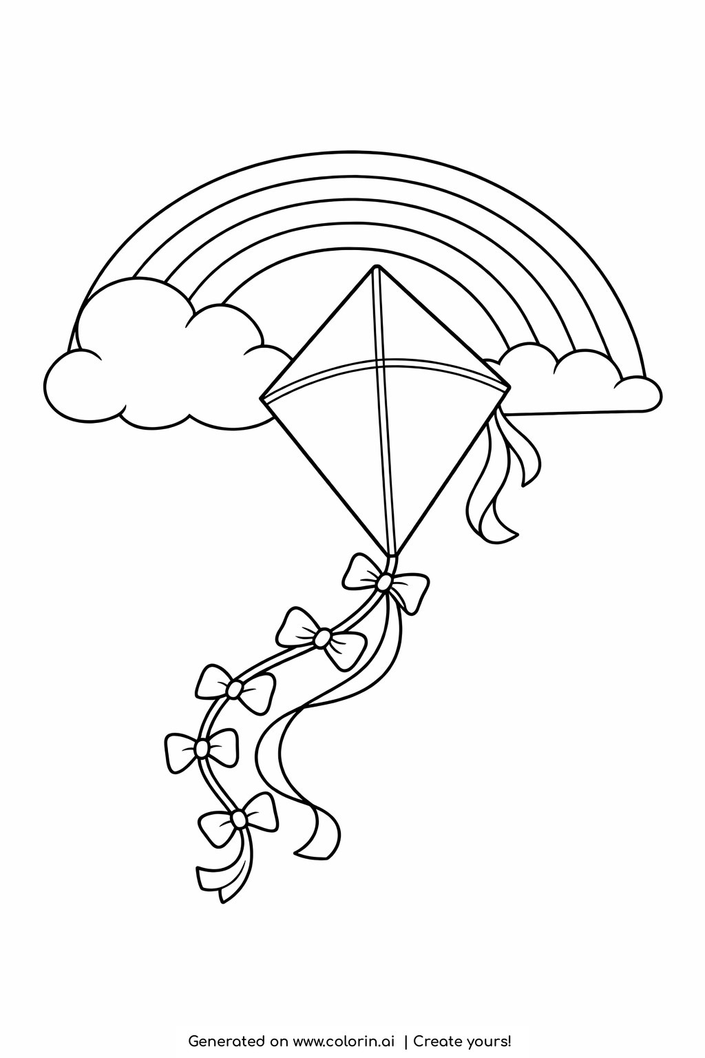 printable rainbow coloring pages, a rainbow arching over a diamond kite with a long bow-tied tail dancing in the breeze