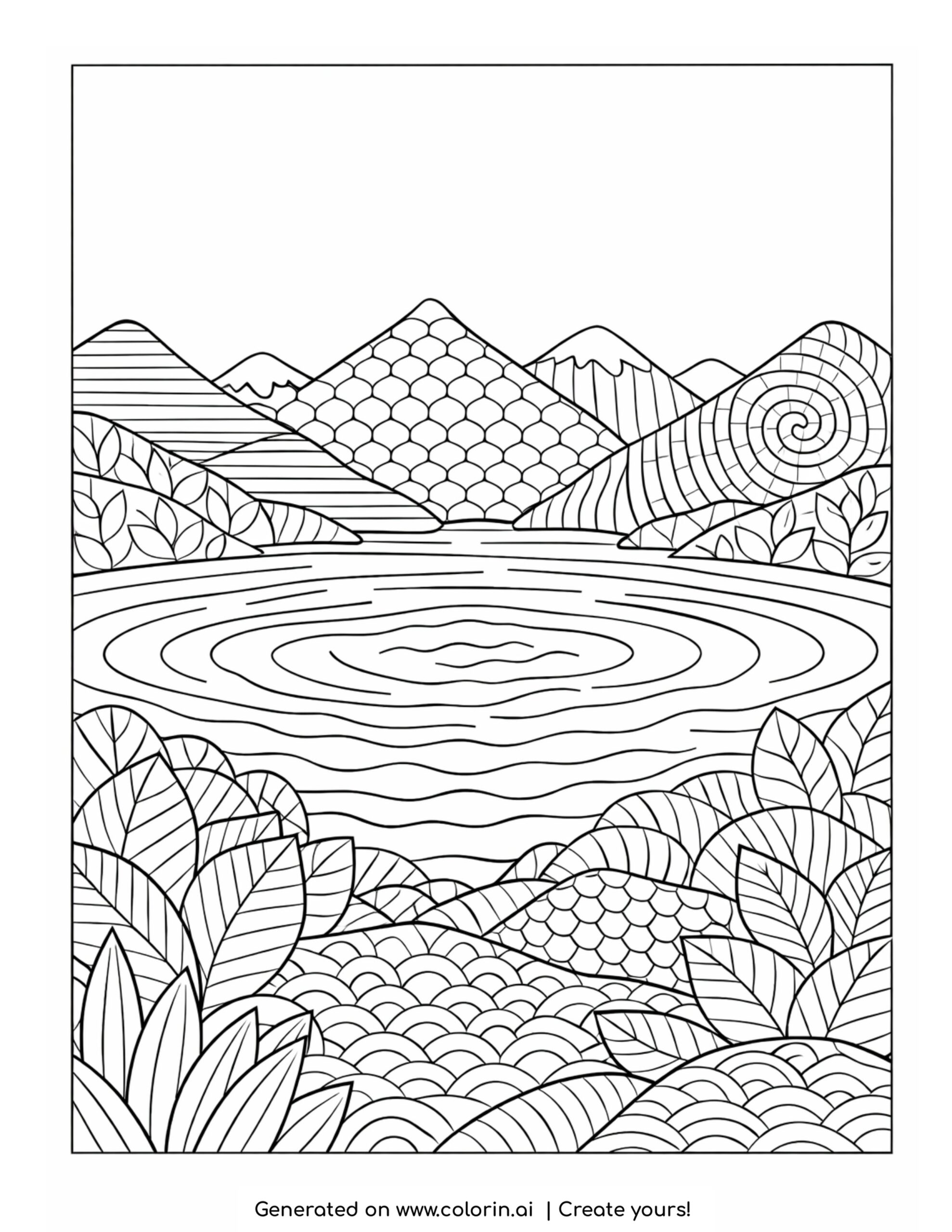 lake with mountains and ripple water surrounded by leaves coloring page