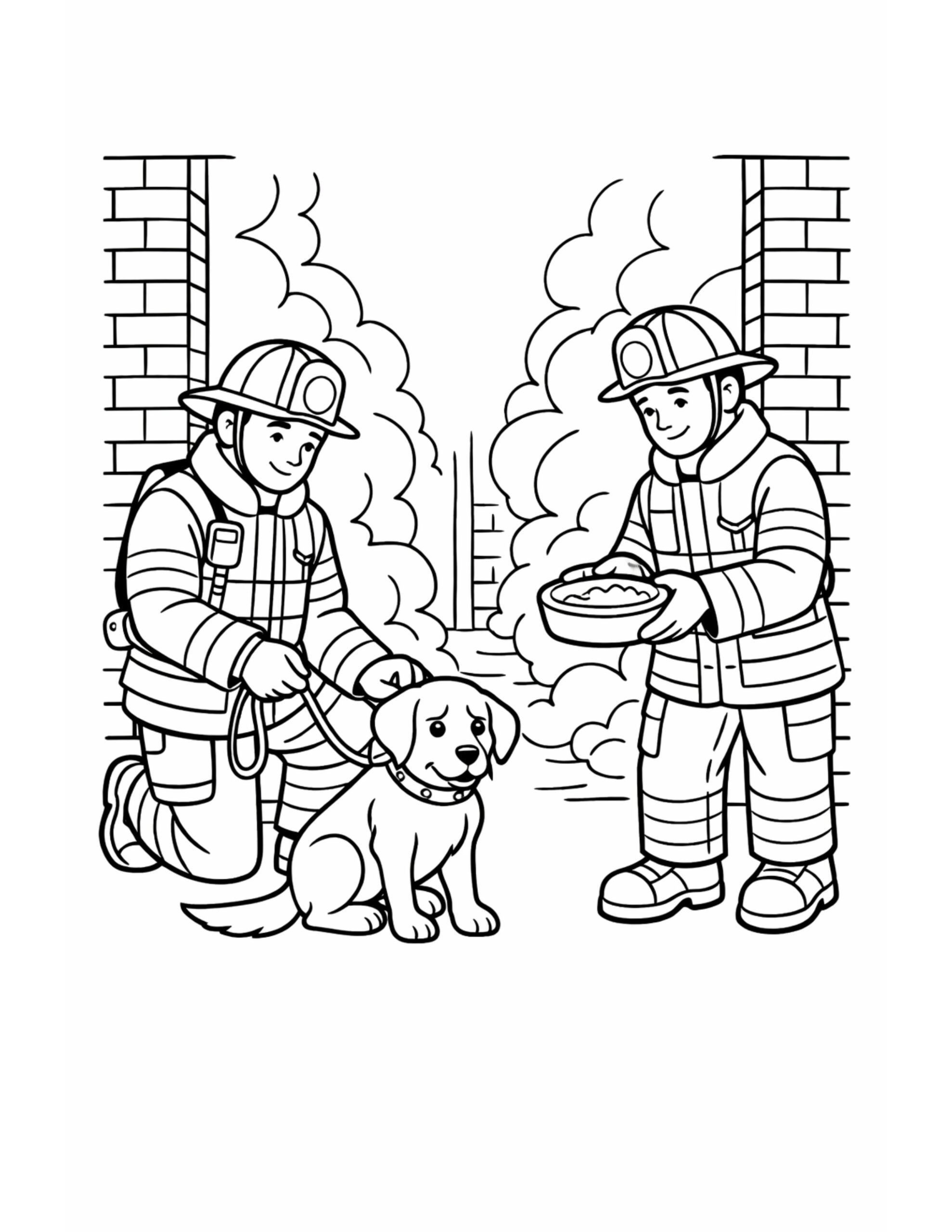 firefighters comforting rescued puppy coloring page with two firefighters, a leash and bowl, and soft smoke in the background coloring page
