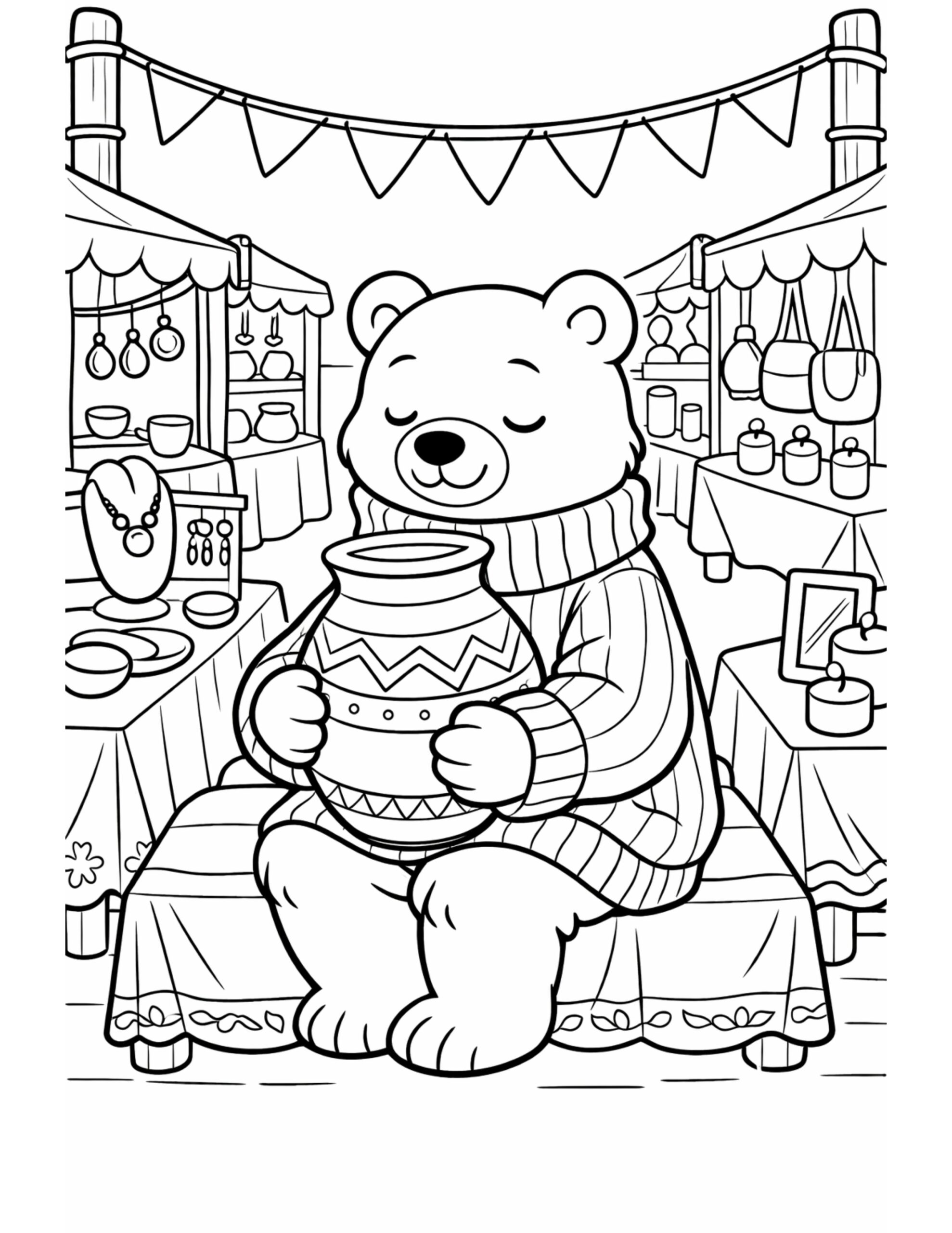 bear holding pottery vase at market coloring page with bunting flags, craft stalls, and handmade items coloring page