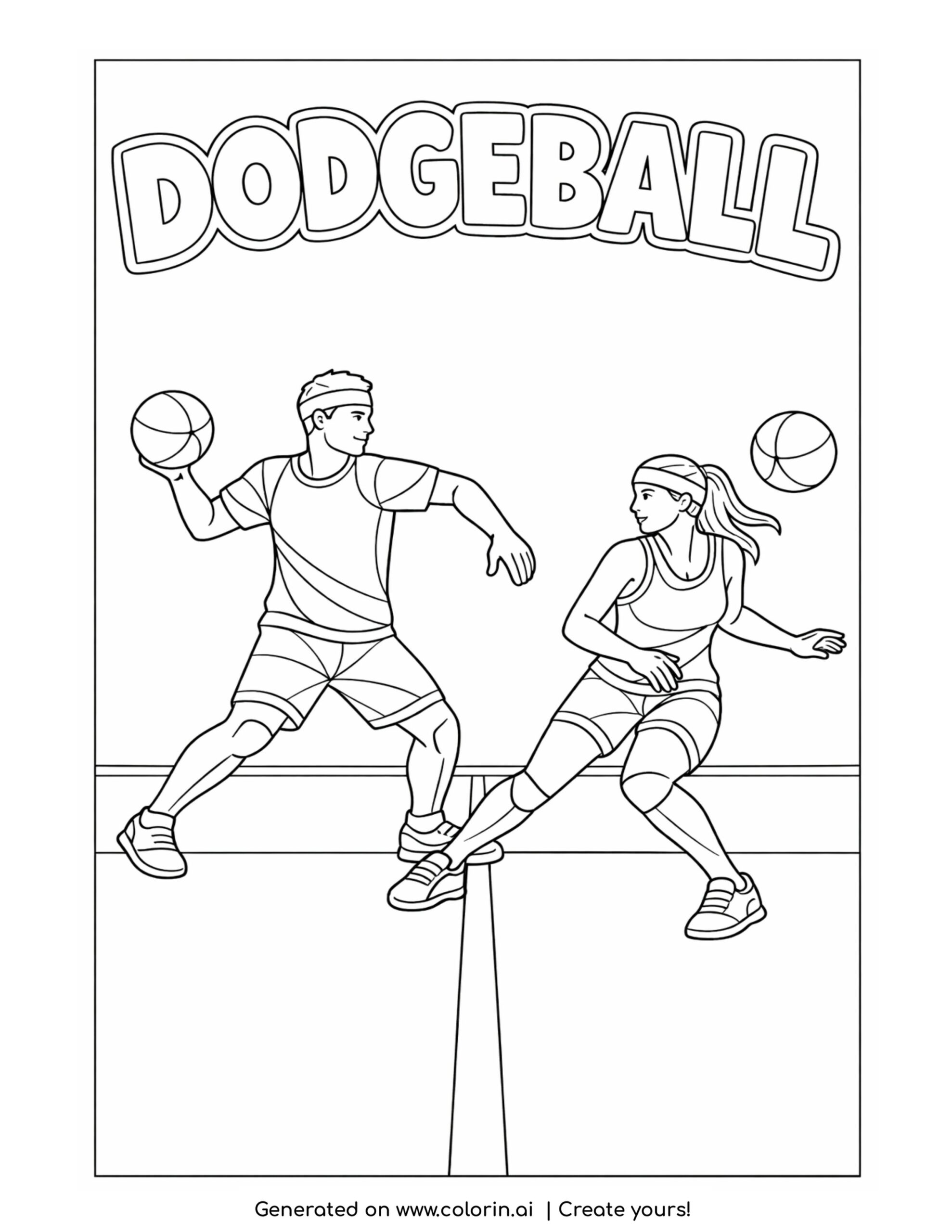 dodgeball players throwing and dodging balls coloring page with two athletes in action on a court coloring page