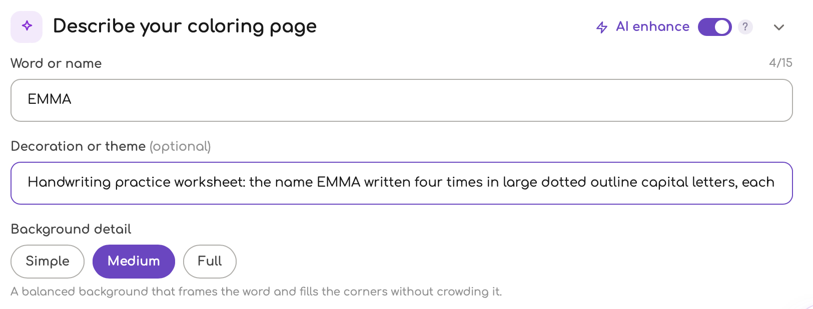 The Colorin AI form with EMMA typed in the word box and a handwriting practice description below it