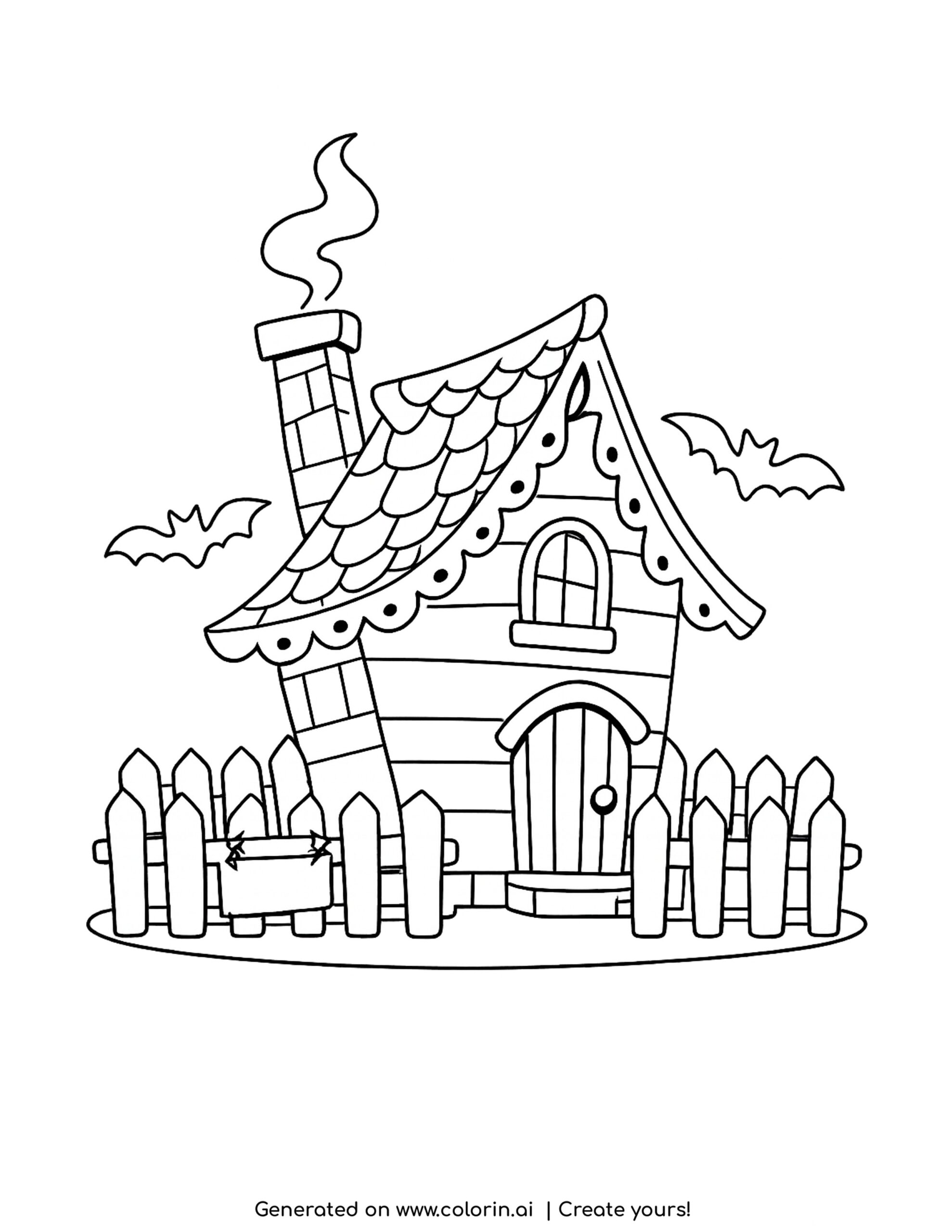 spooky house coloring pages, a small crooked cottage with a smoking chimney, bats, and a picket fence