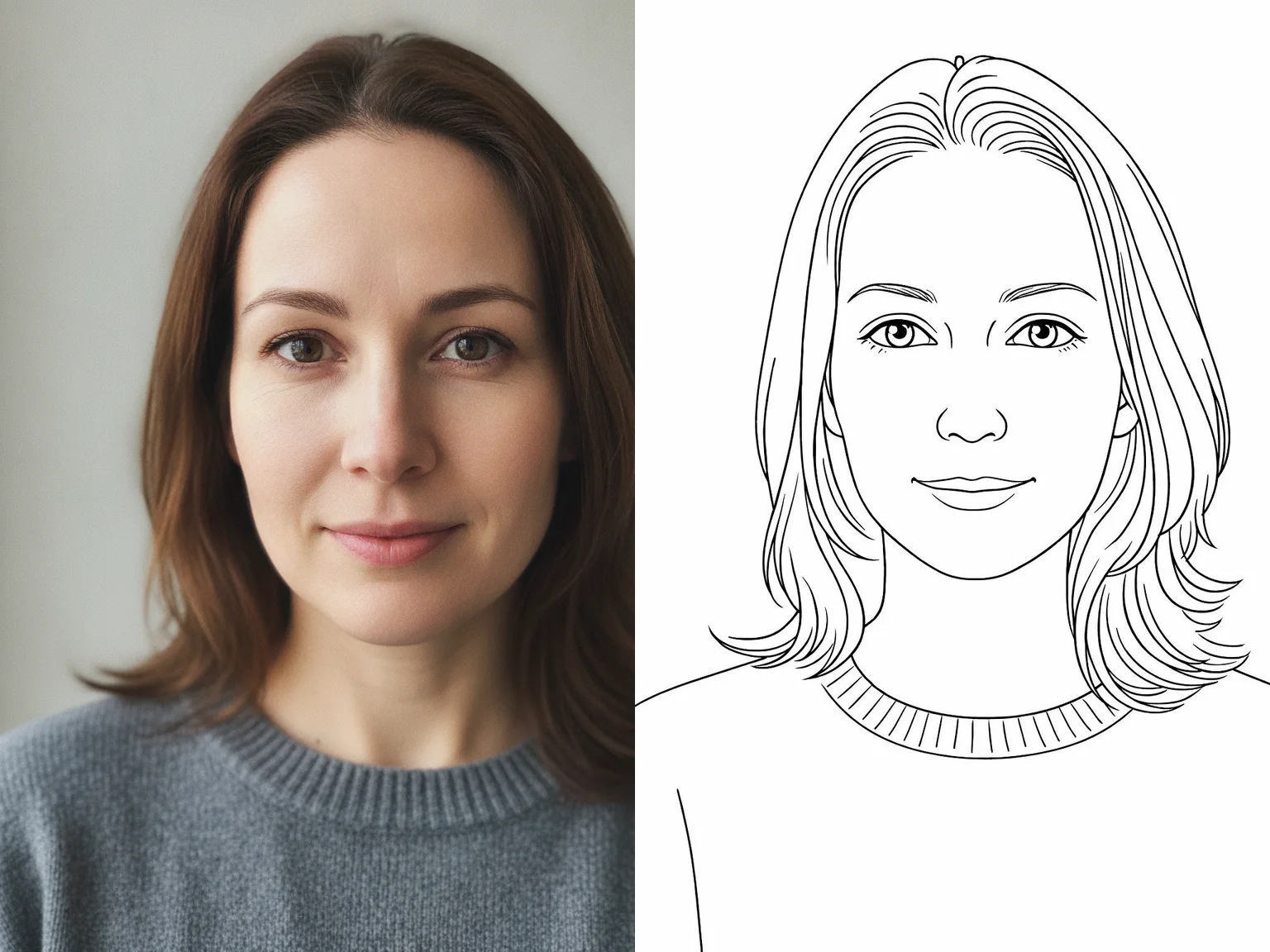 A window lit portrait of a woman on the left and the coloring page Colorin AI made from it on the right, with eyes, mouth and hair drawn