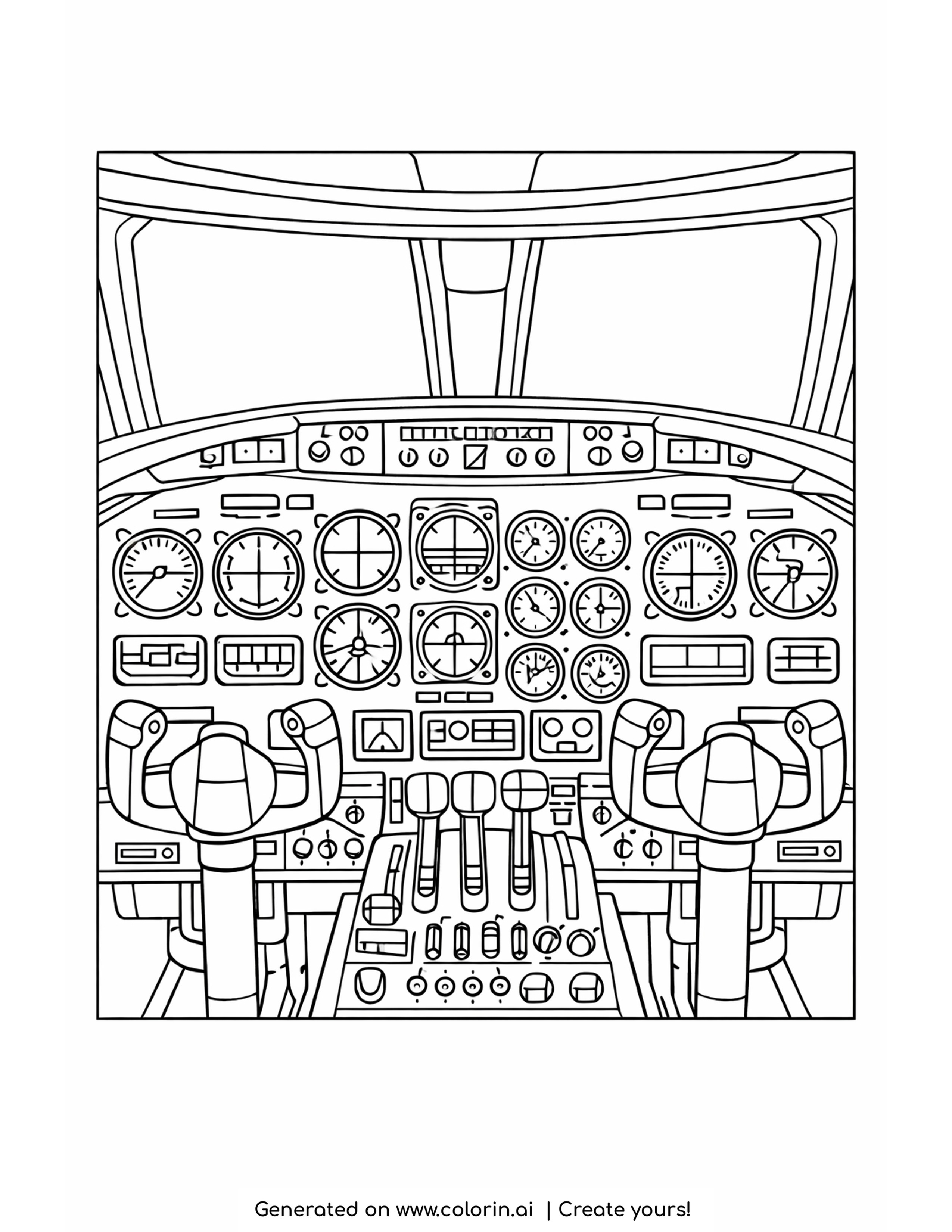 airplane cockpit coloring pages — instrument panel with rows of round dials, two control yokes and throttle levers