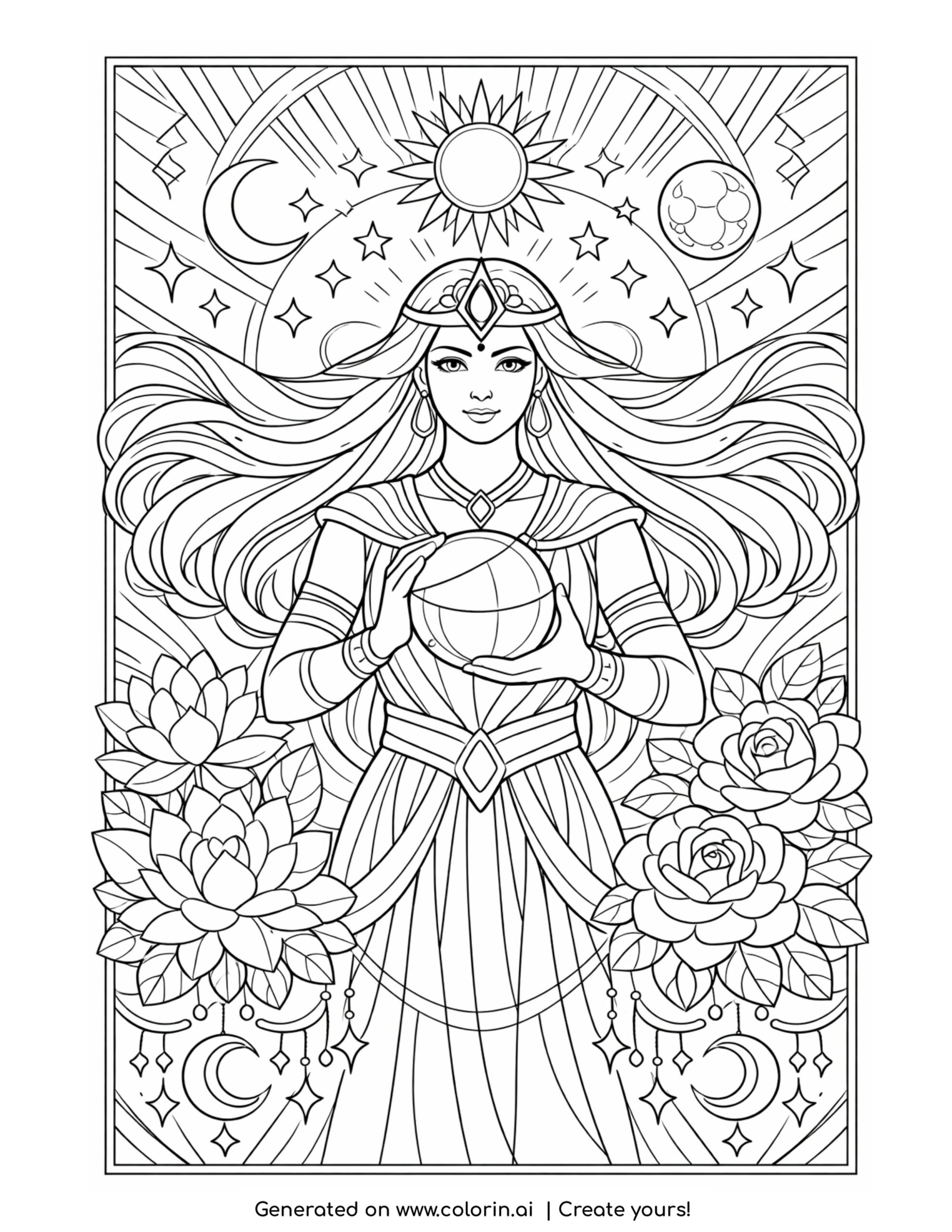 goddess guarding lunar garden coloring page with celestial symbols and large flowers