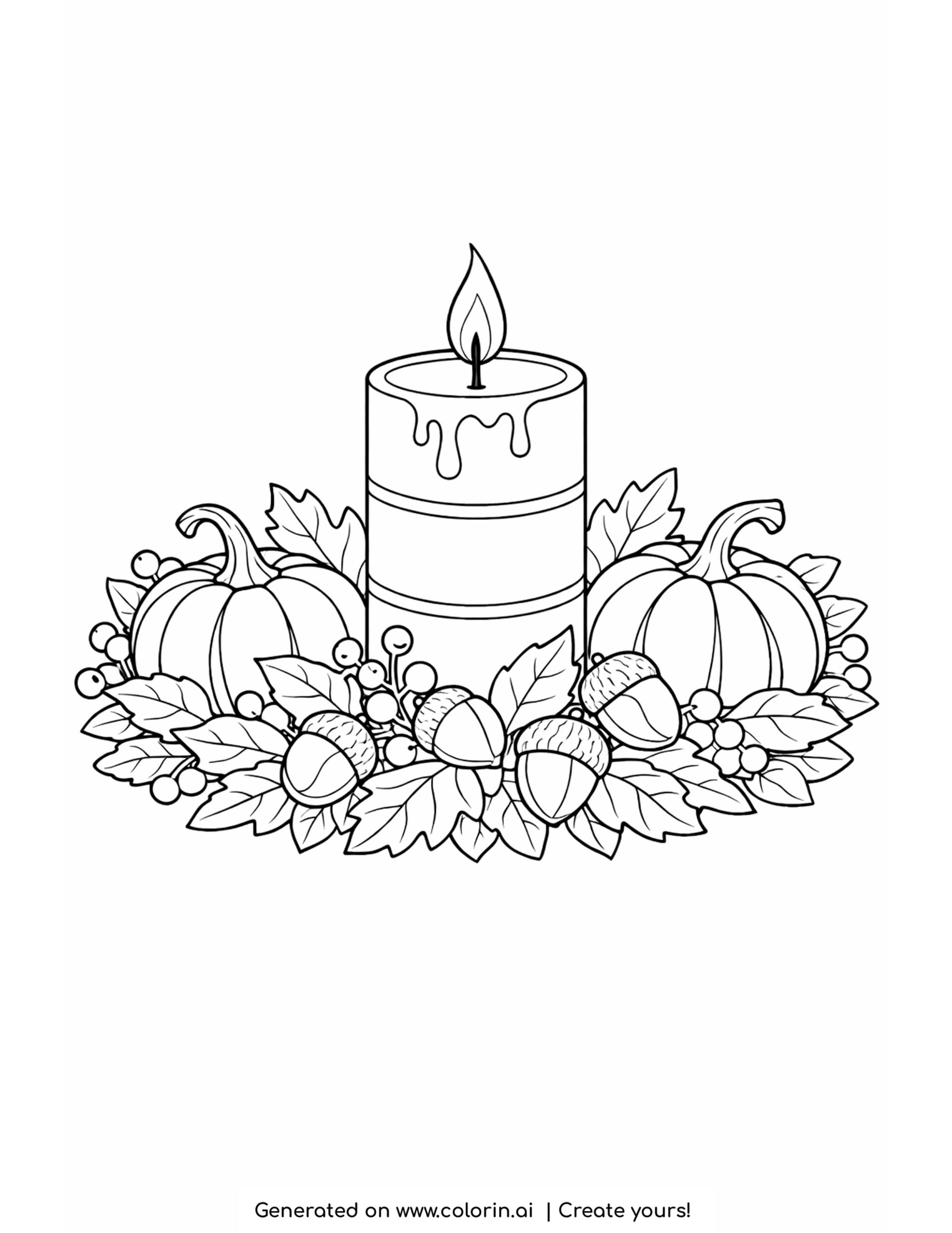 thanksgiving coloring pages for adults, a lit pillar candle surrounded by pumpkins, acorns, berries, and a wreath of leaves