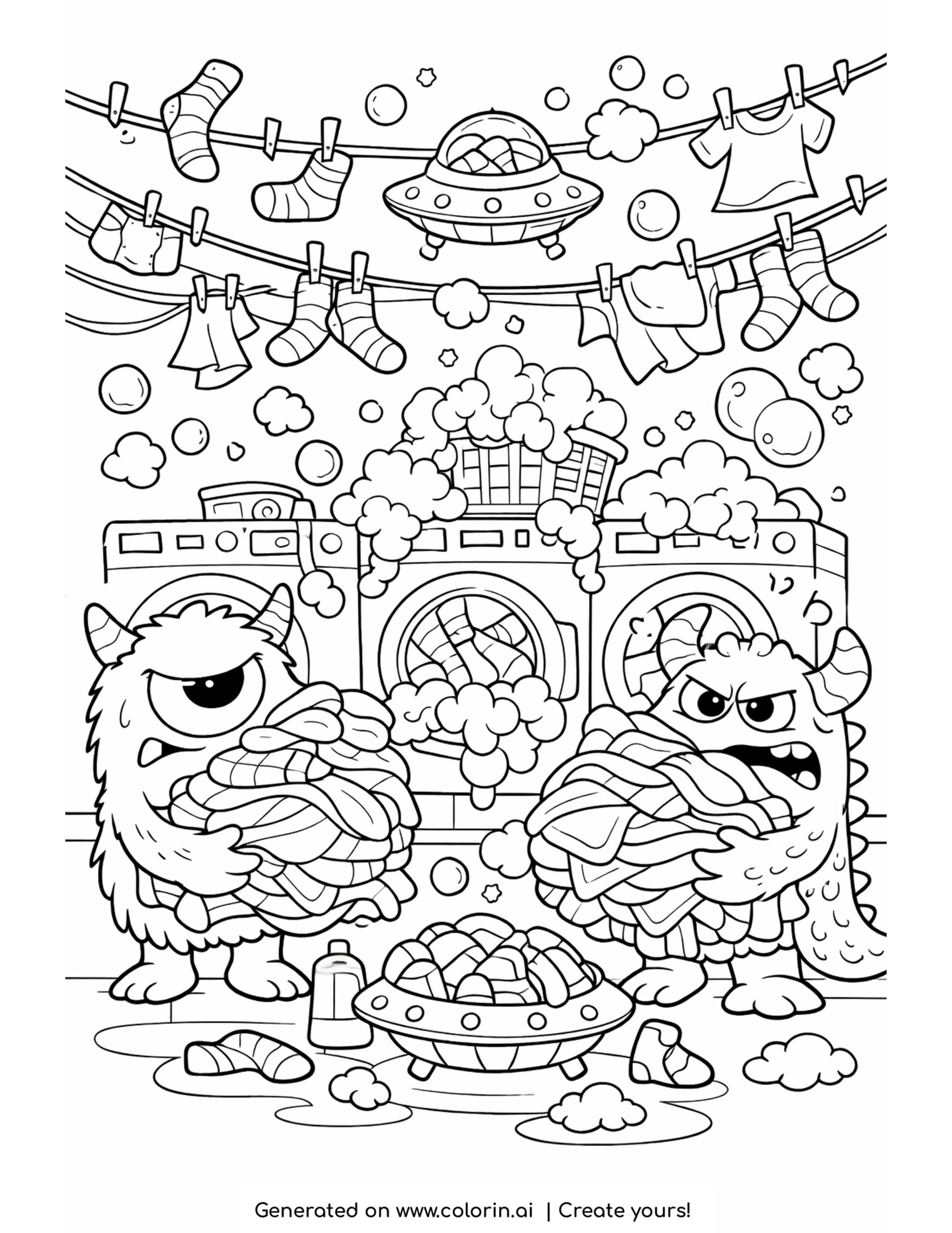 funny monster coloring pages, two horned monsters carrying laundry in a bubbly laundromat with a flying saucer basket