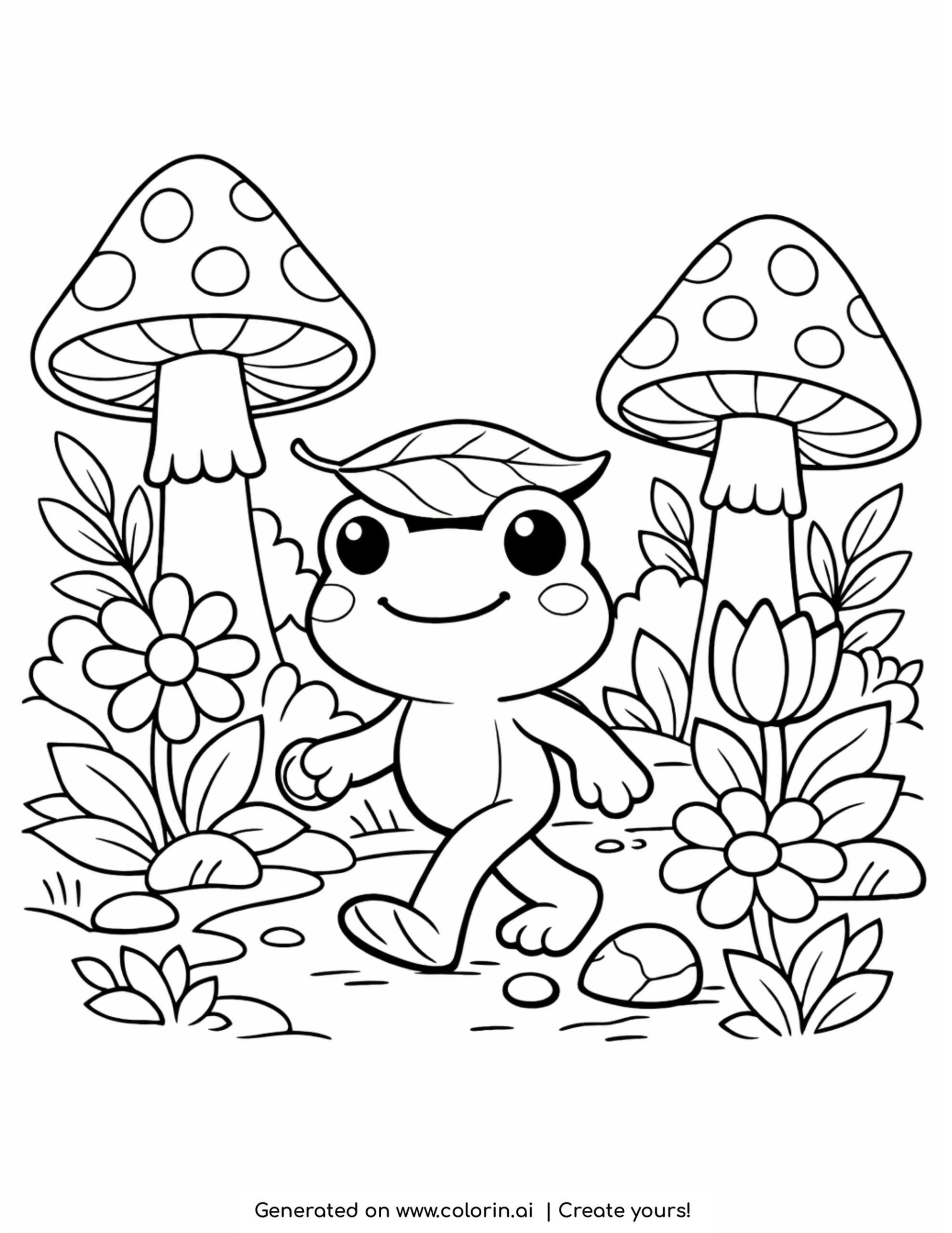 frog walking in forest path coloring page with mushrooms flowers and plants illustration coloring page