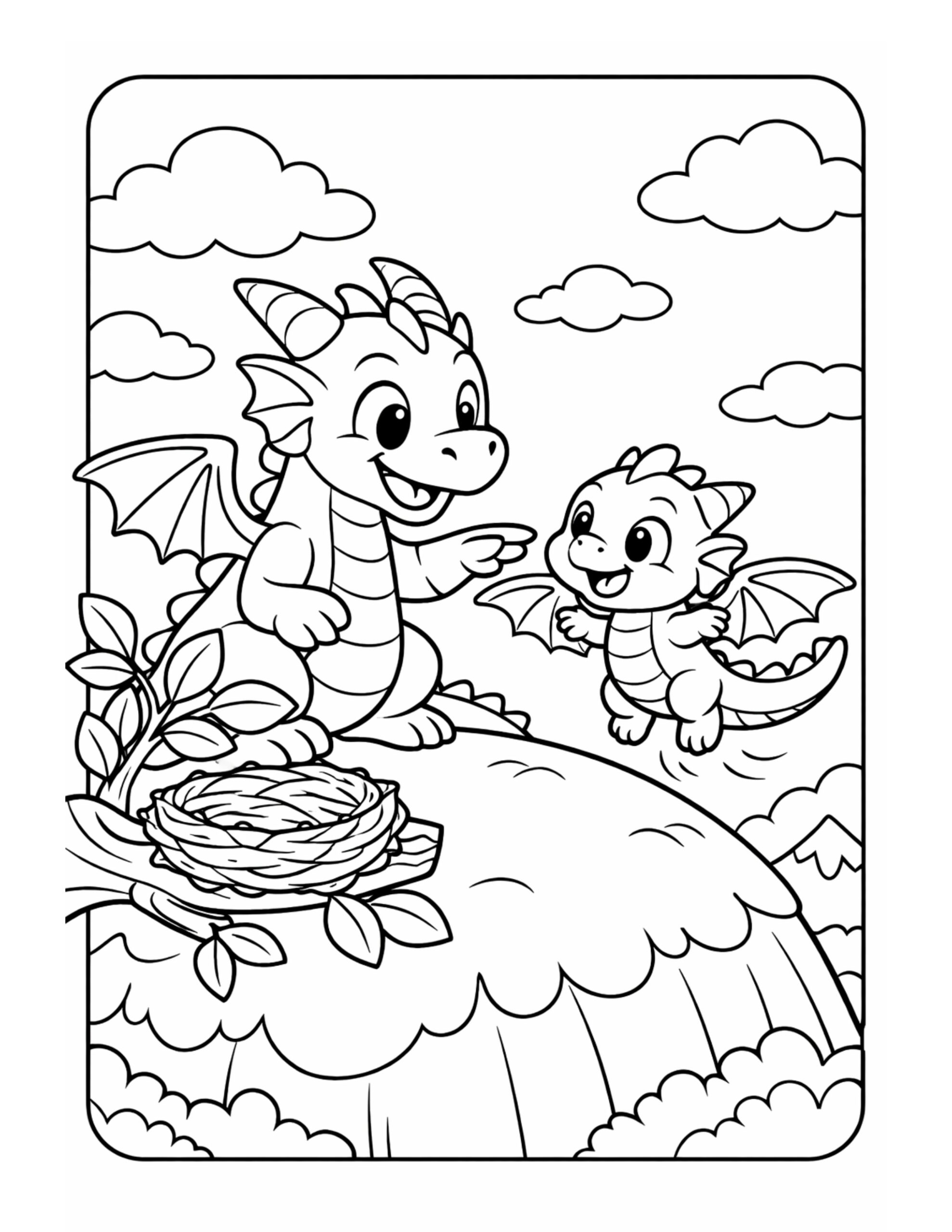 baby dragon learning to fly coloring page, parent dragon pointing beside a nest on a hill coloring page