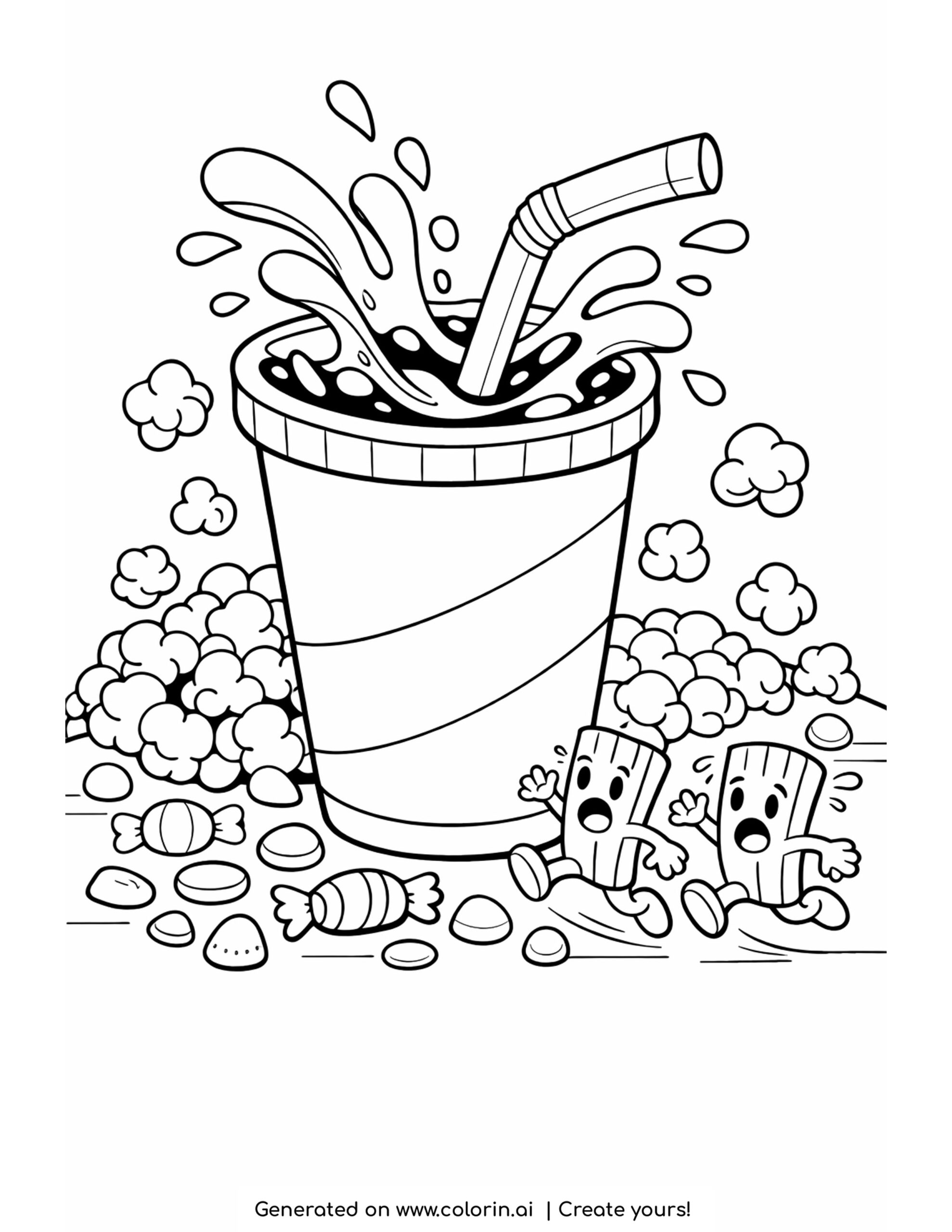 funny food coloring pages, a giant splashing soda cup with a bendy straw surrounded by popcorn and candy while two snacks run away