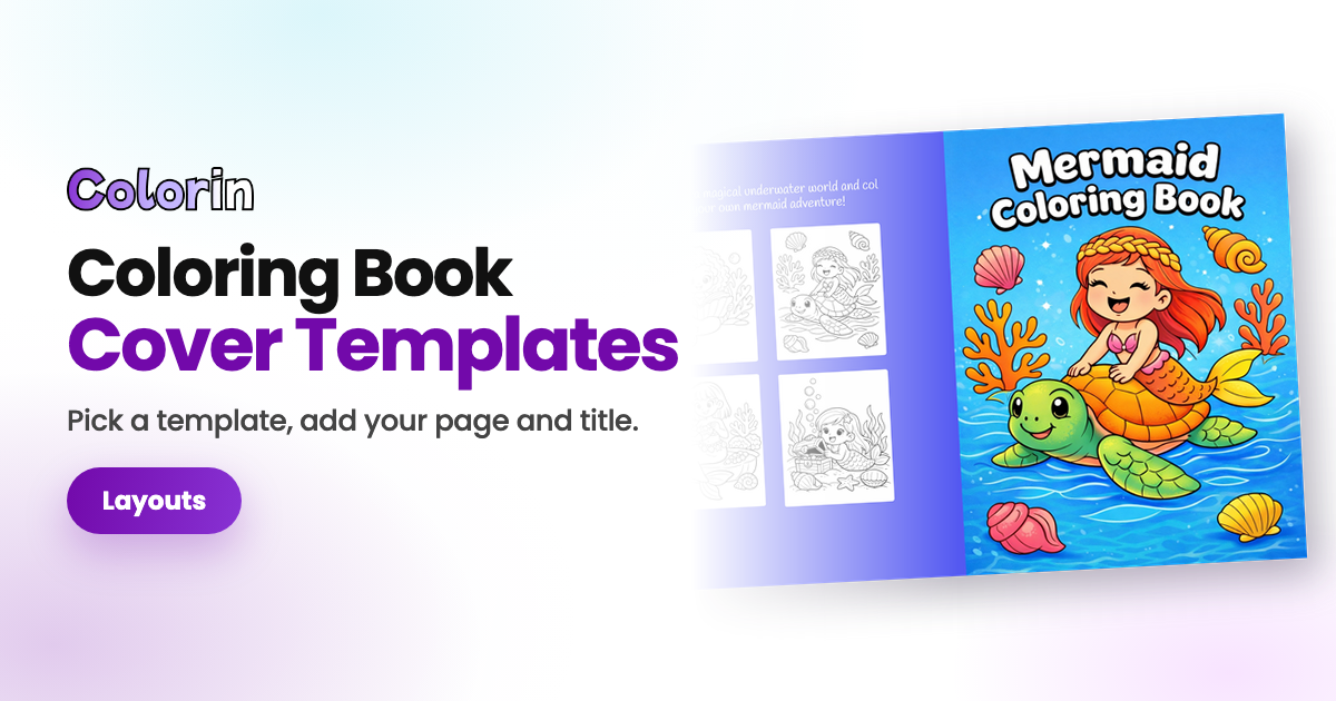 Coloring book cover templates in Colorin AI, with an open mermaid coloring book cover beside the title