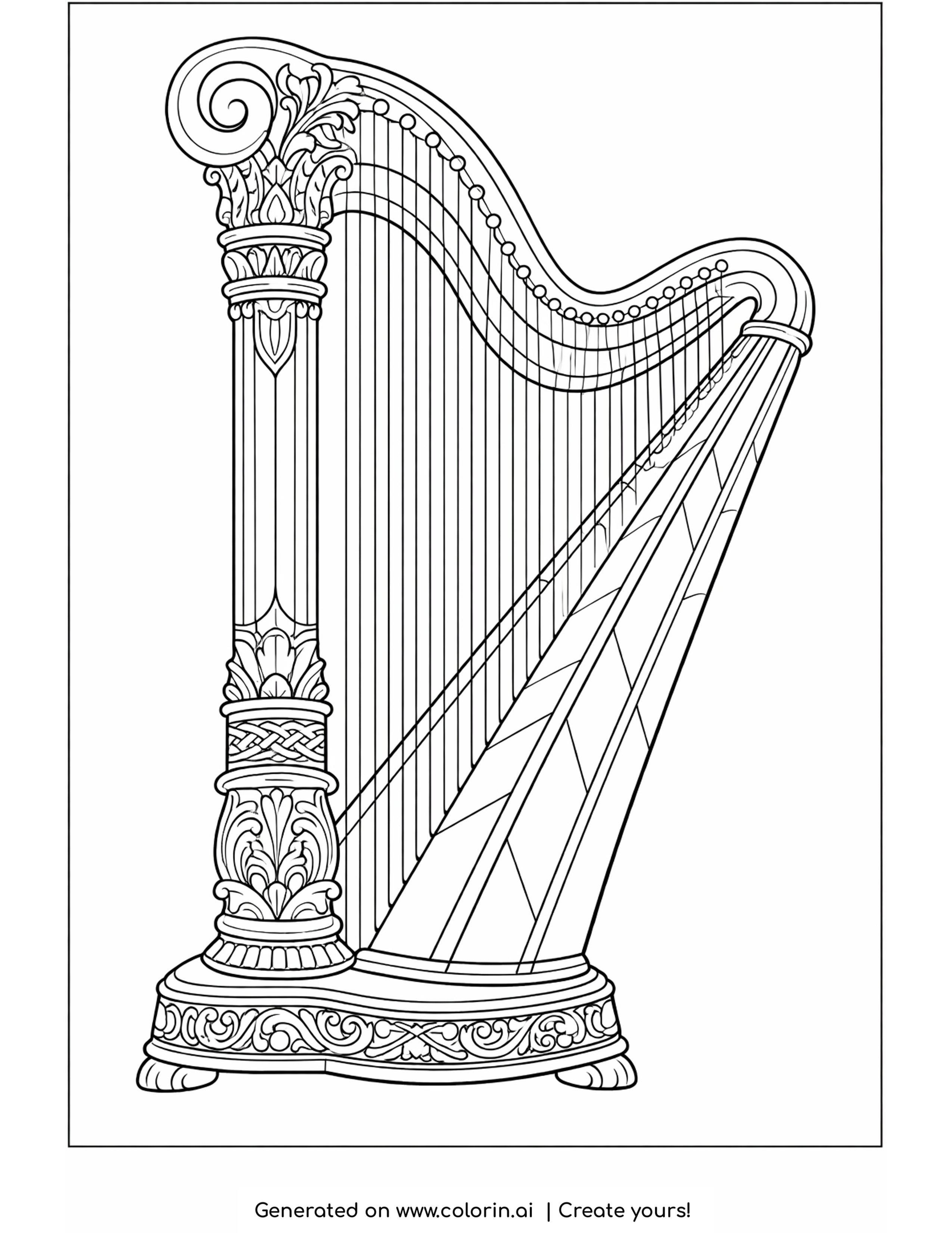 detailed harp coloring pages - a concert harp with a carved column of acanthus leaves, a scrolled crown, about forty strings and a scrolled base