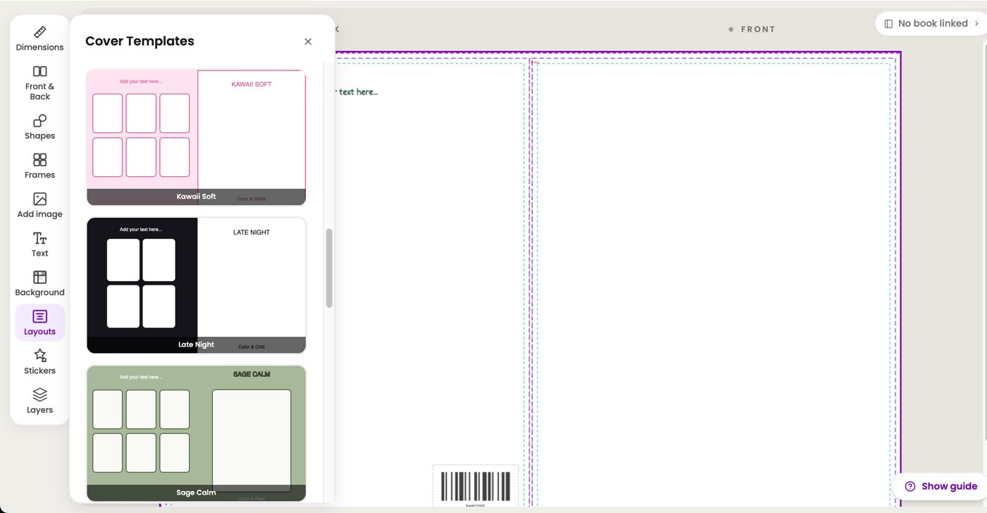 The Cover Templates panel in the Colorin AI cover creator, opened from Layouts in the side menu