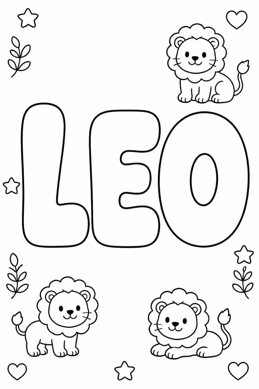The name LEO in big bubble letters to color, with small lions around it