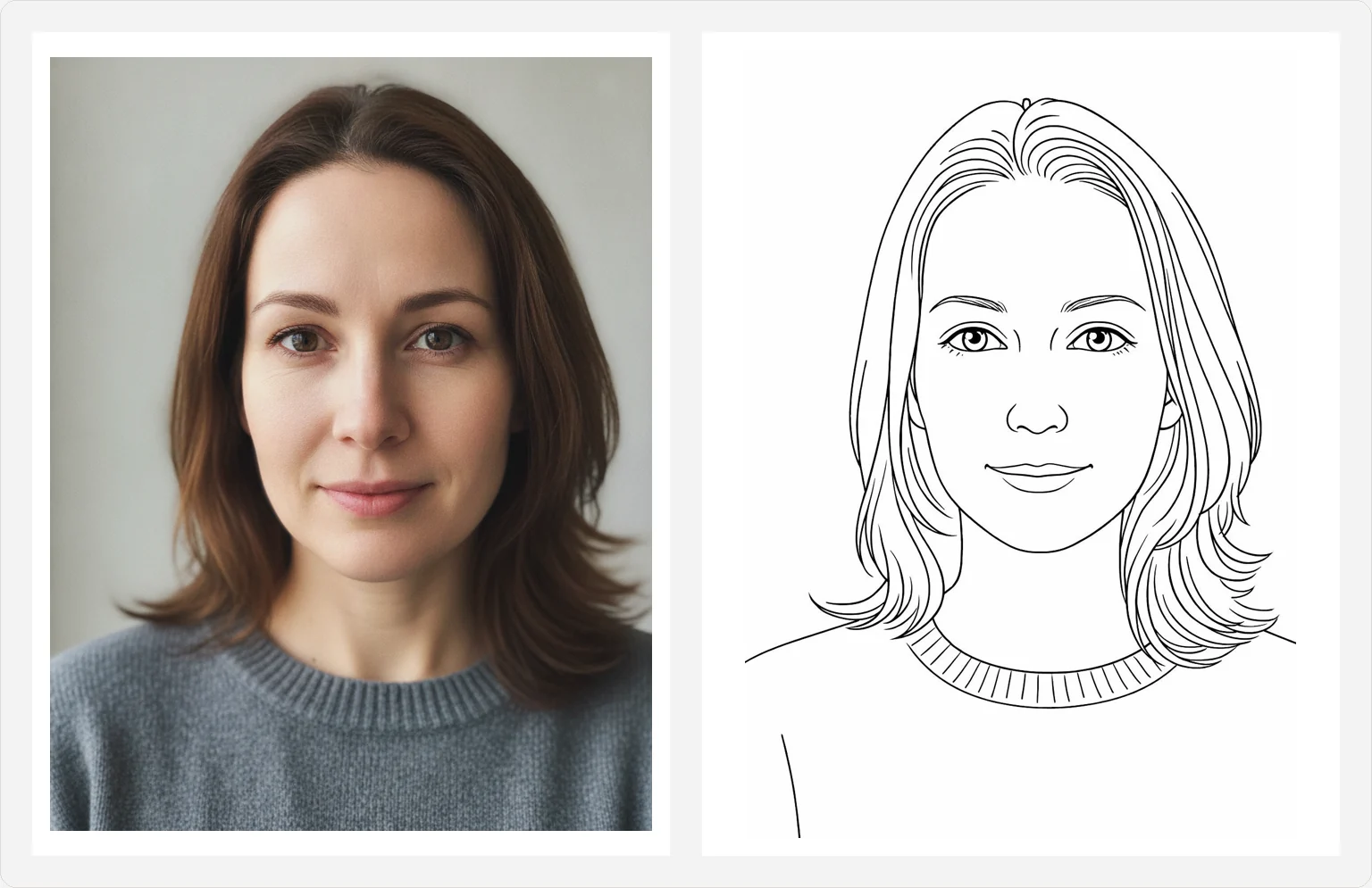 A window lit portrait of a woman on the left and the coloring page Colorin AI made from it on the right, with eyes, mouth and hair drawn