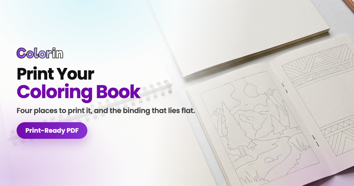 Two copies of the same coloring book, one spiral bound lying open and one stapled, with the guide title over them