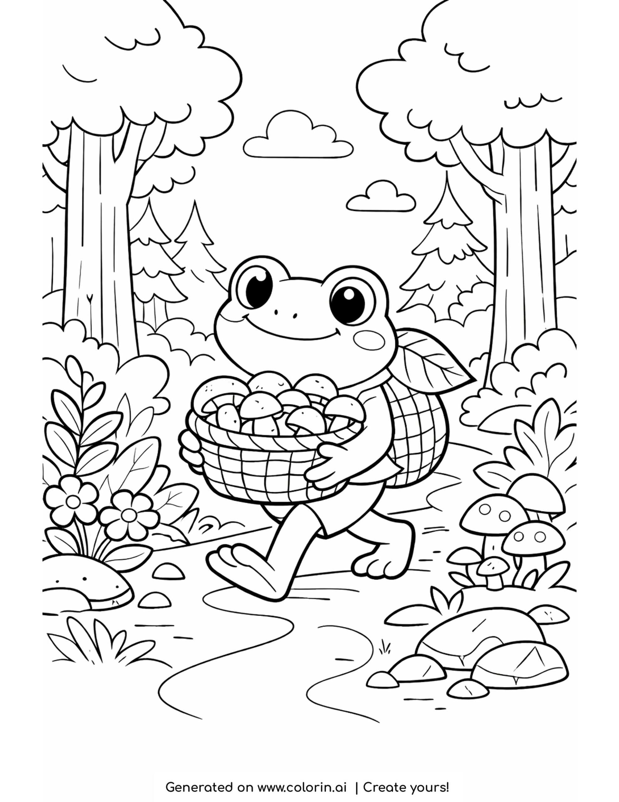 frog carrying mushroom basket coloring page with forest path trees and plants illustration coloring page
