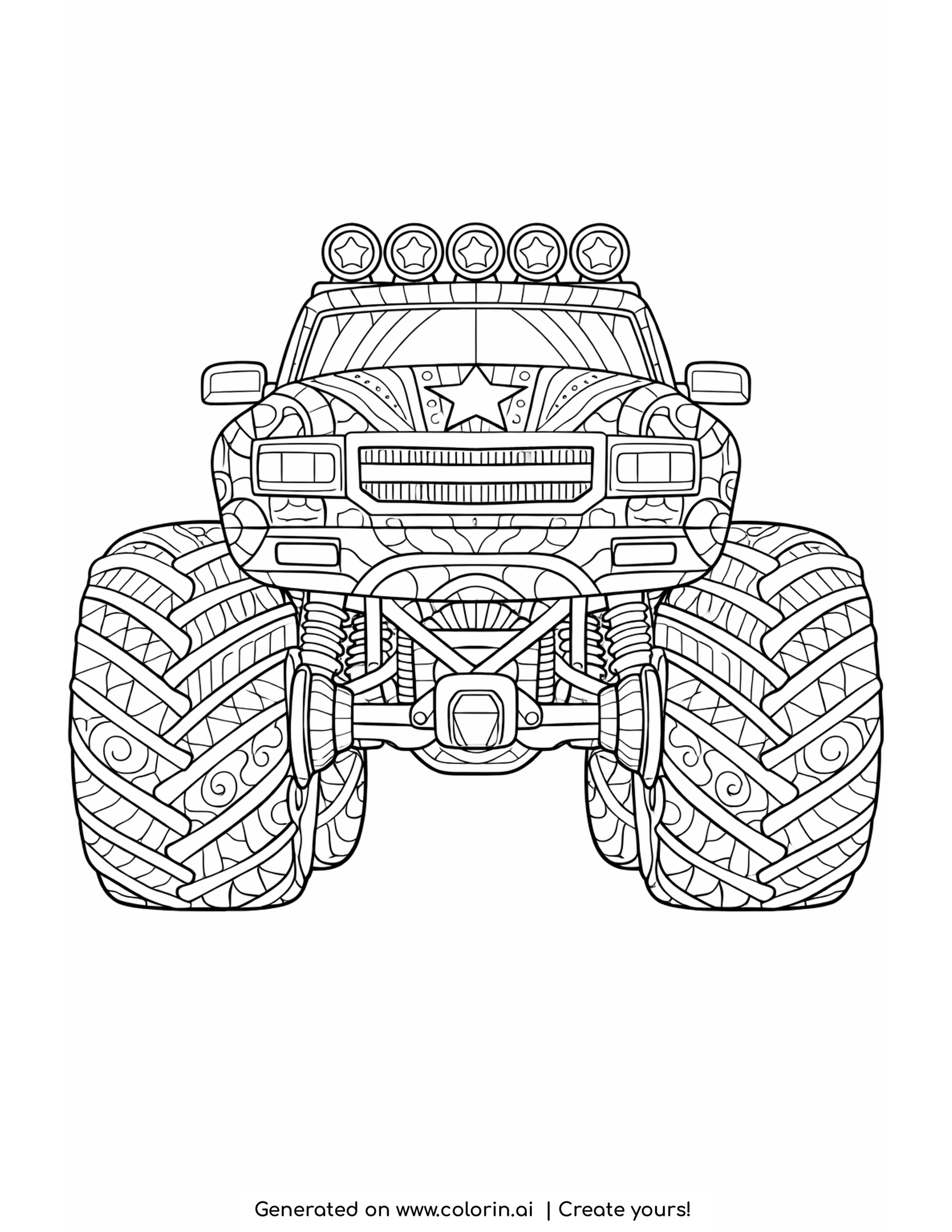 patterned monster truck coloring pages: a zentangle monster truck head on with a star on the hood and swirl filled tires