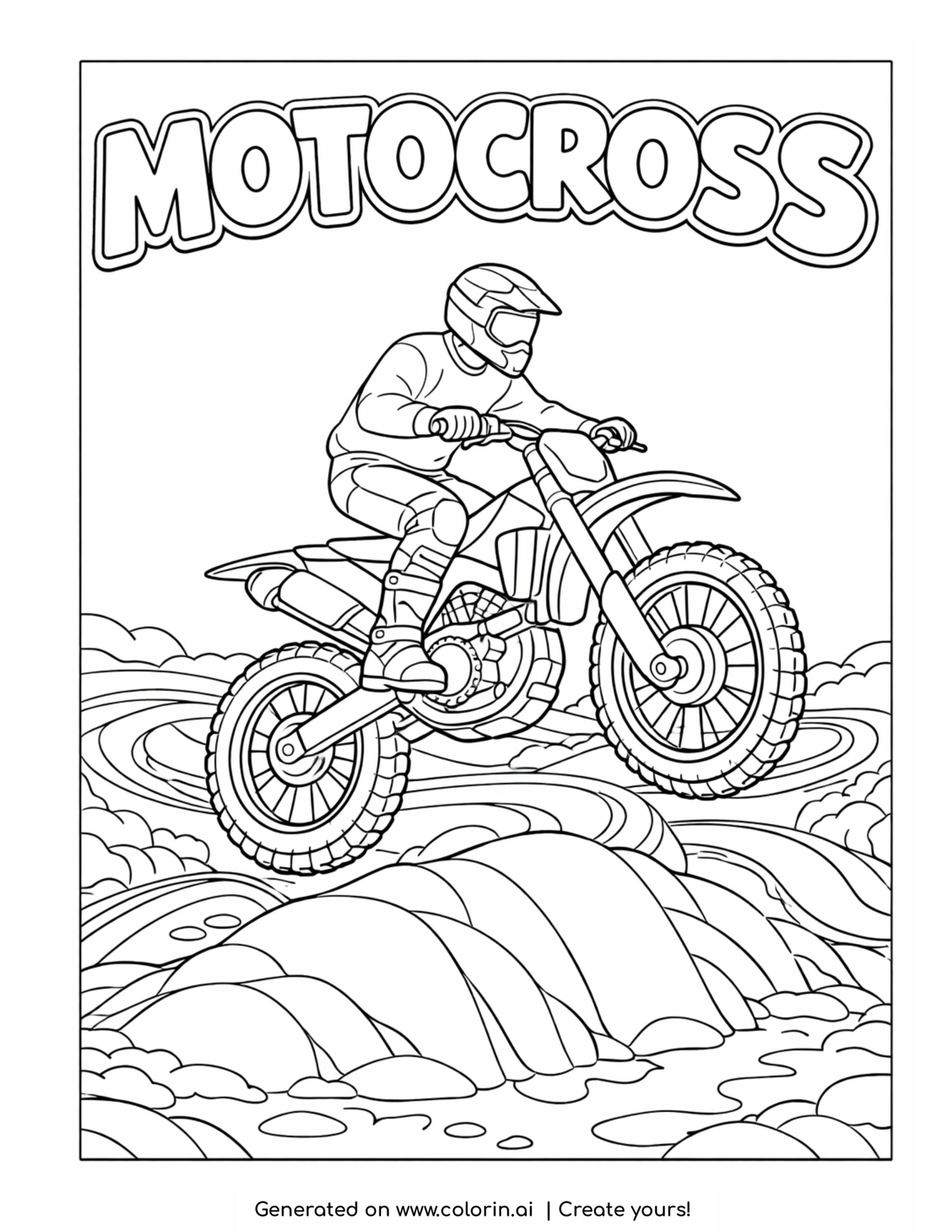 motocross rider jumping over dirt hill coloring page with bike airborne on rugged terrain coloring page