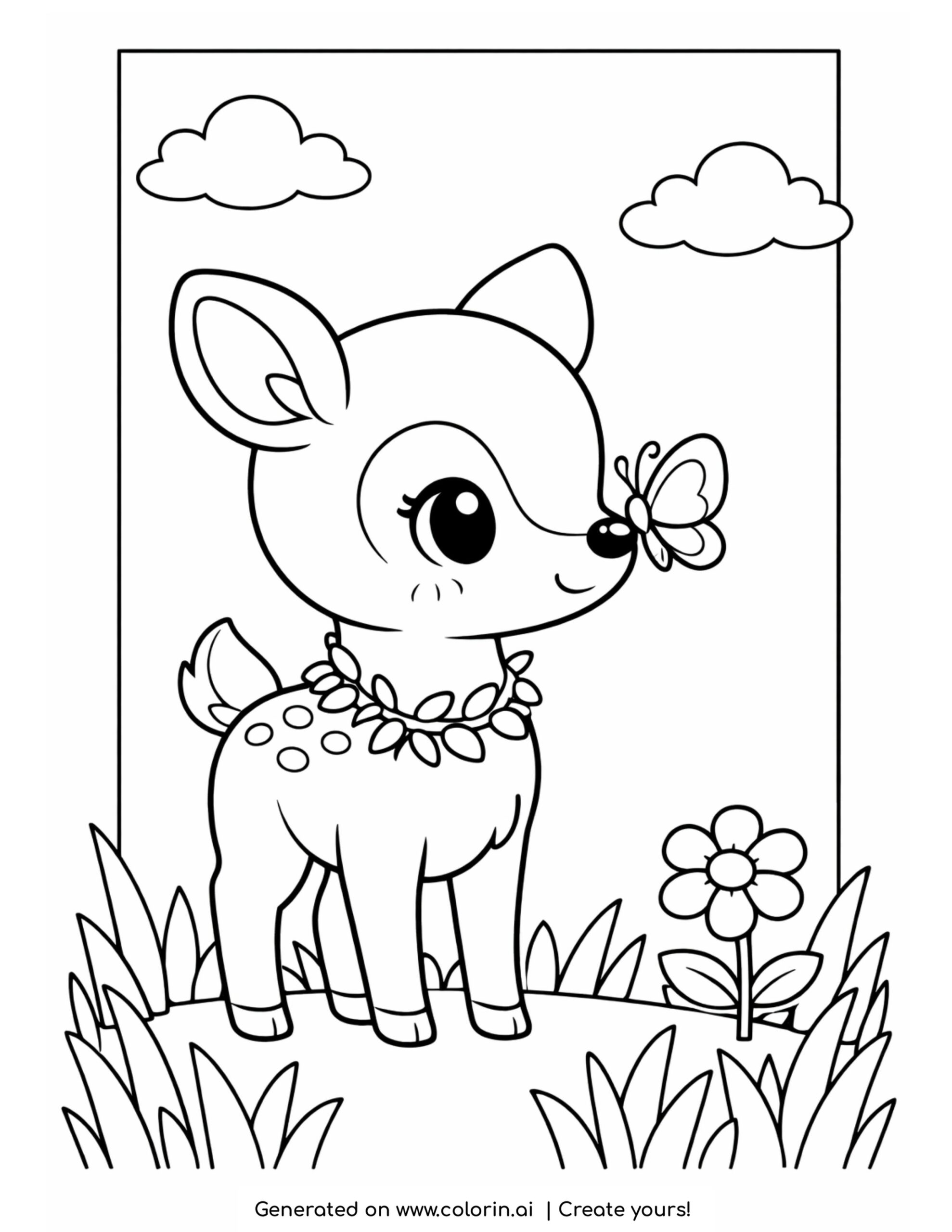 deer coloring pages, a kawaii fawn with a butterfly on its nose in a meadow