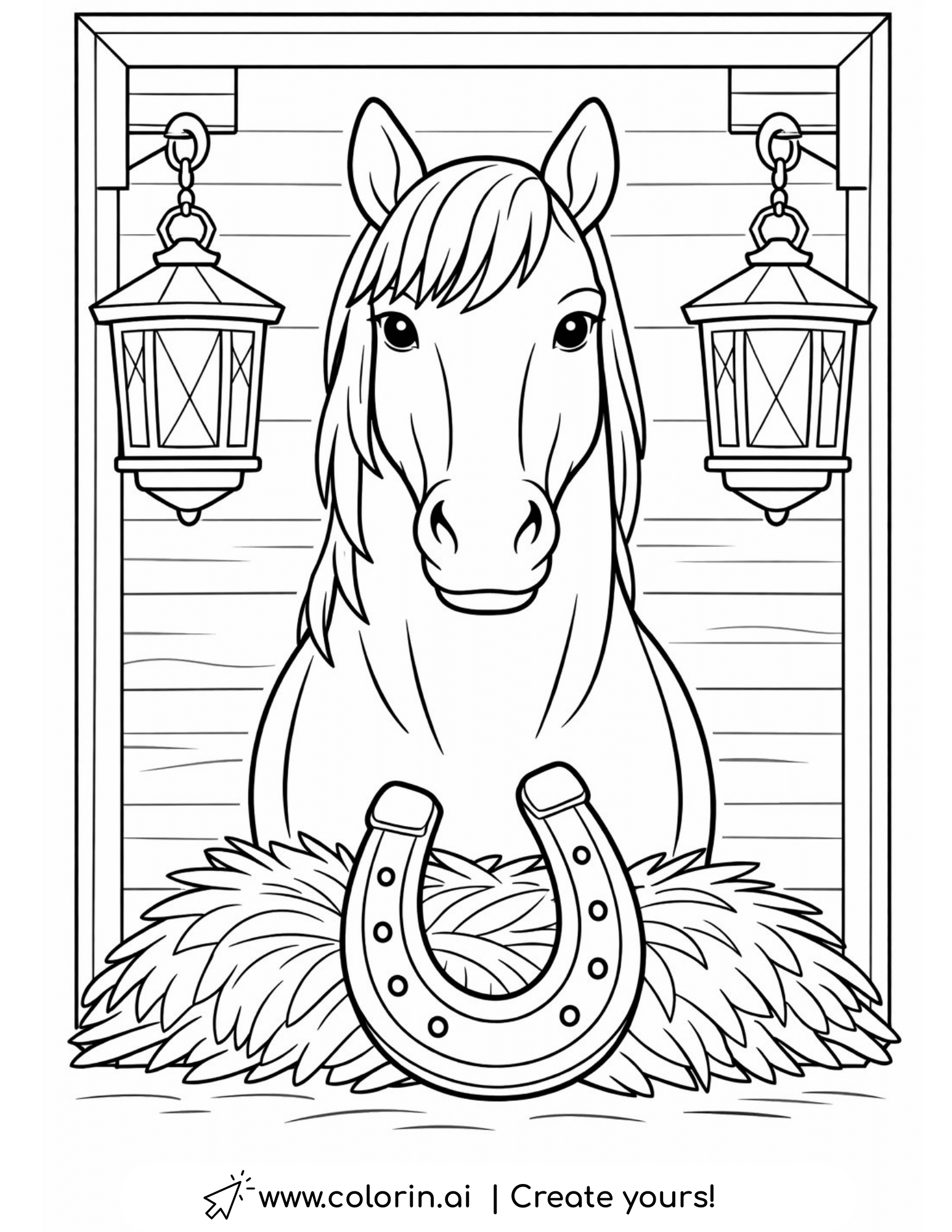 horse in stable with horseshoe coloring page with lanterns and hay coloring page