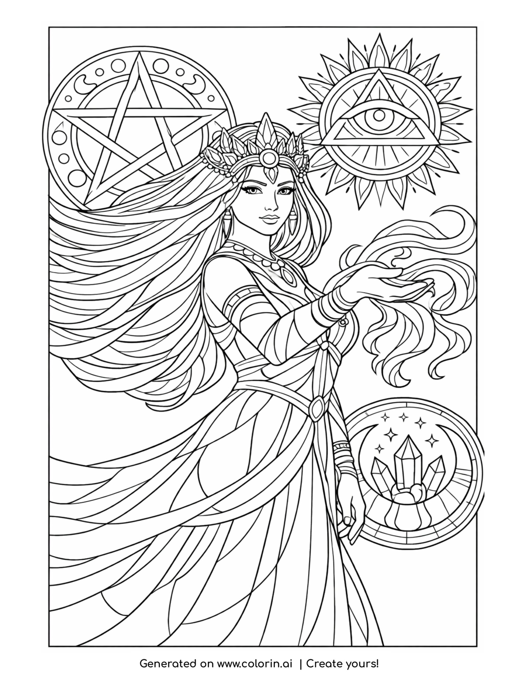 goddess casting astral currents coloring page with mystical emblems and flowing energy
