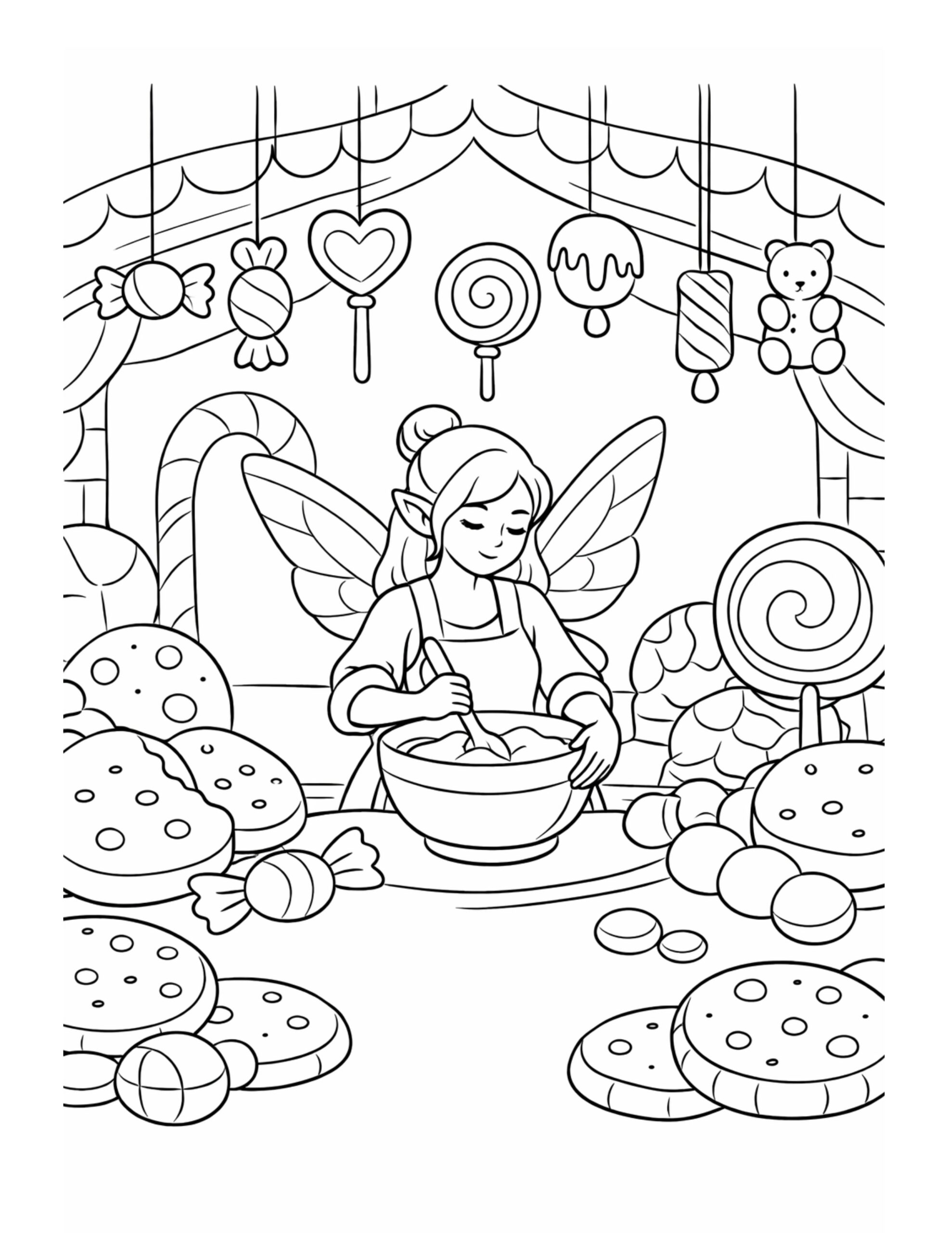 fairy baking sweets coloring page with a fairy mixing treats surrounded by candy