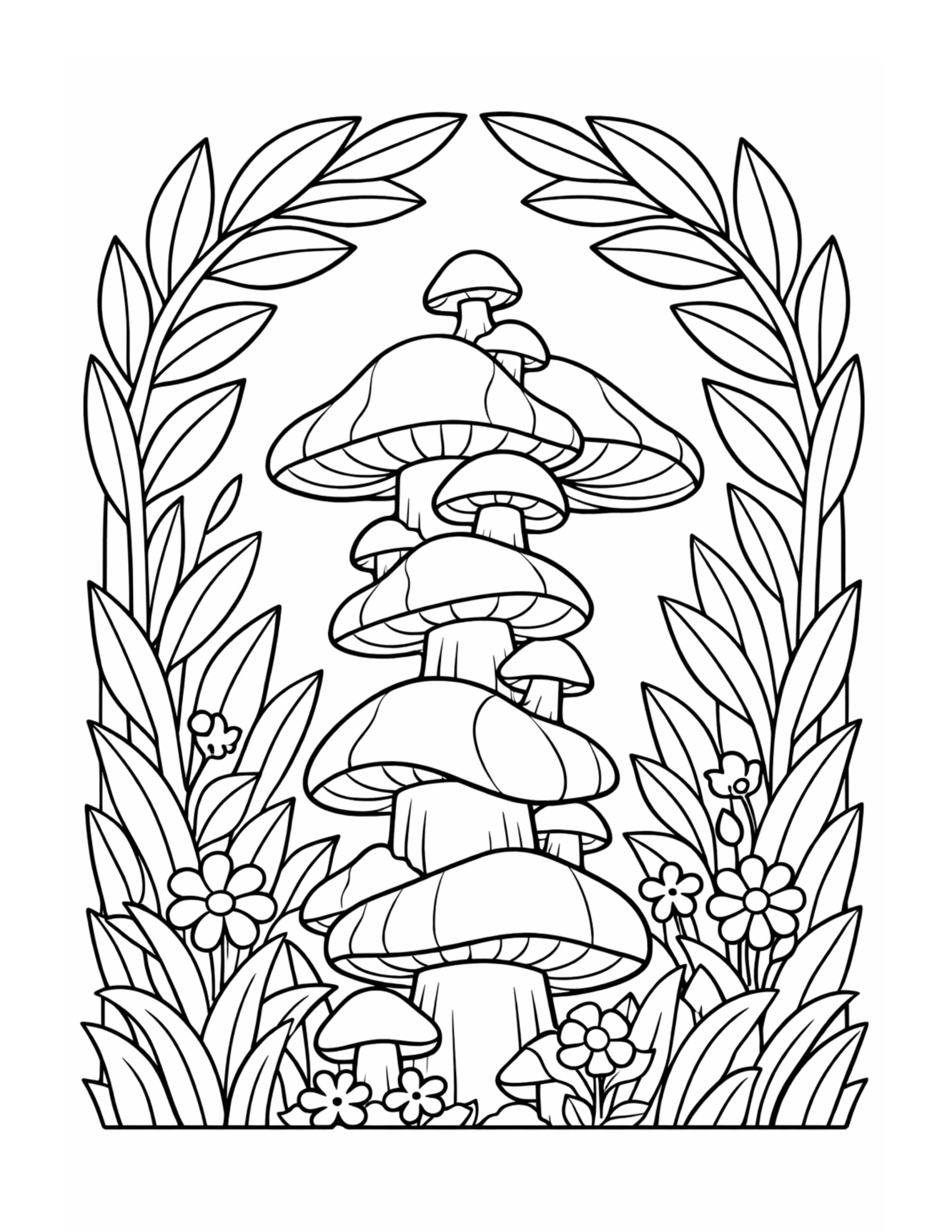 mushroom tower framed by leaves coloring page with stacked mushrooms, small flowers, and leafy arch border coloring page