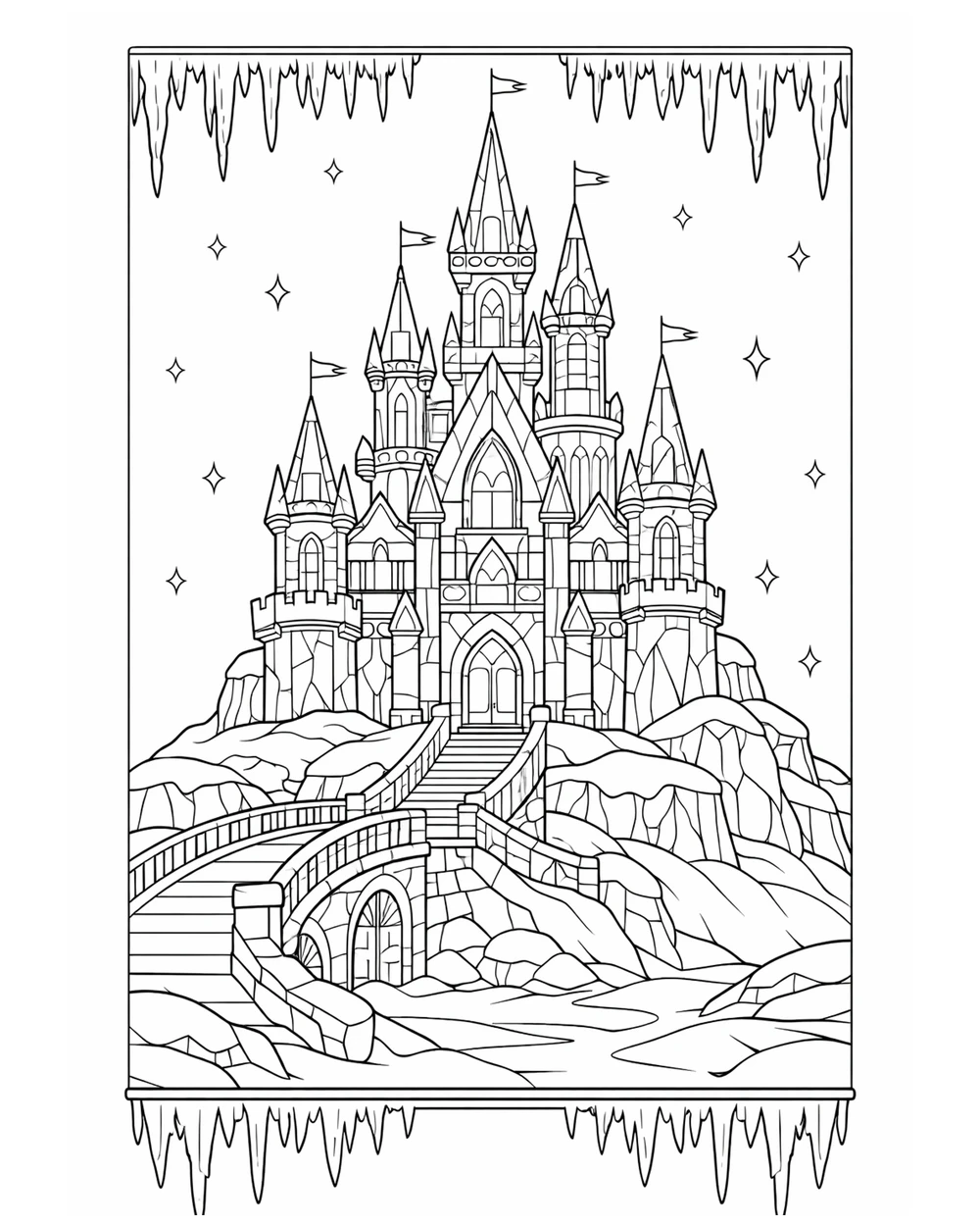 Coloring page of an ice castle with faceted towers and icicles, advanced difficulty, for adults