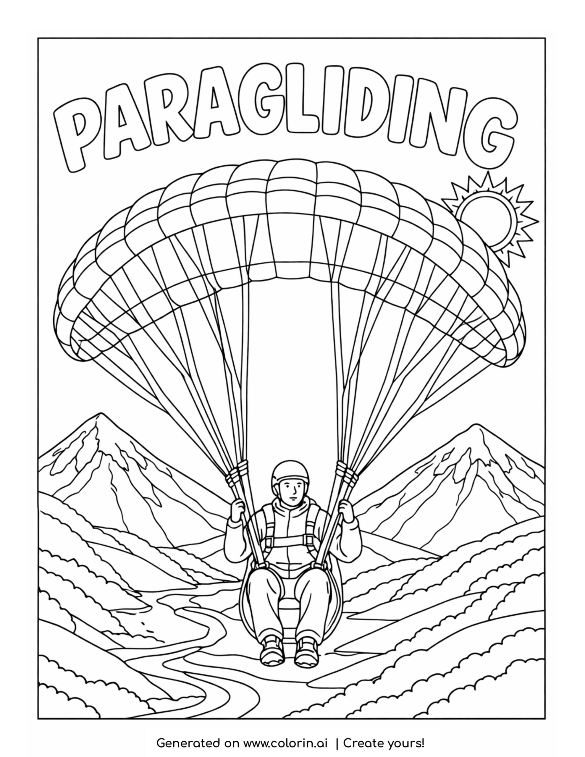 paragliding pilot flying over mountains coloring page with large wing and scenic valleys coloring page