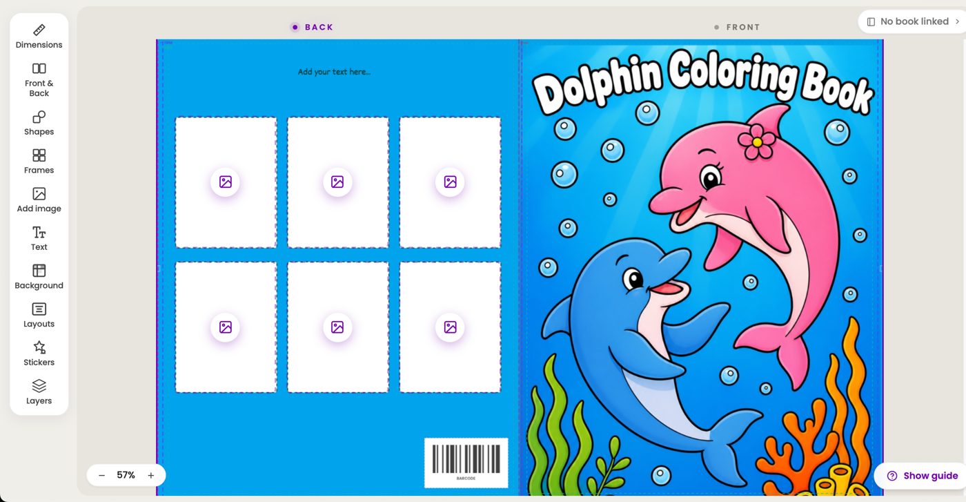 A coloring book cover in Colorin AI with the colored Dolphin Coloring Book page filling the front and six frames on the back