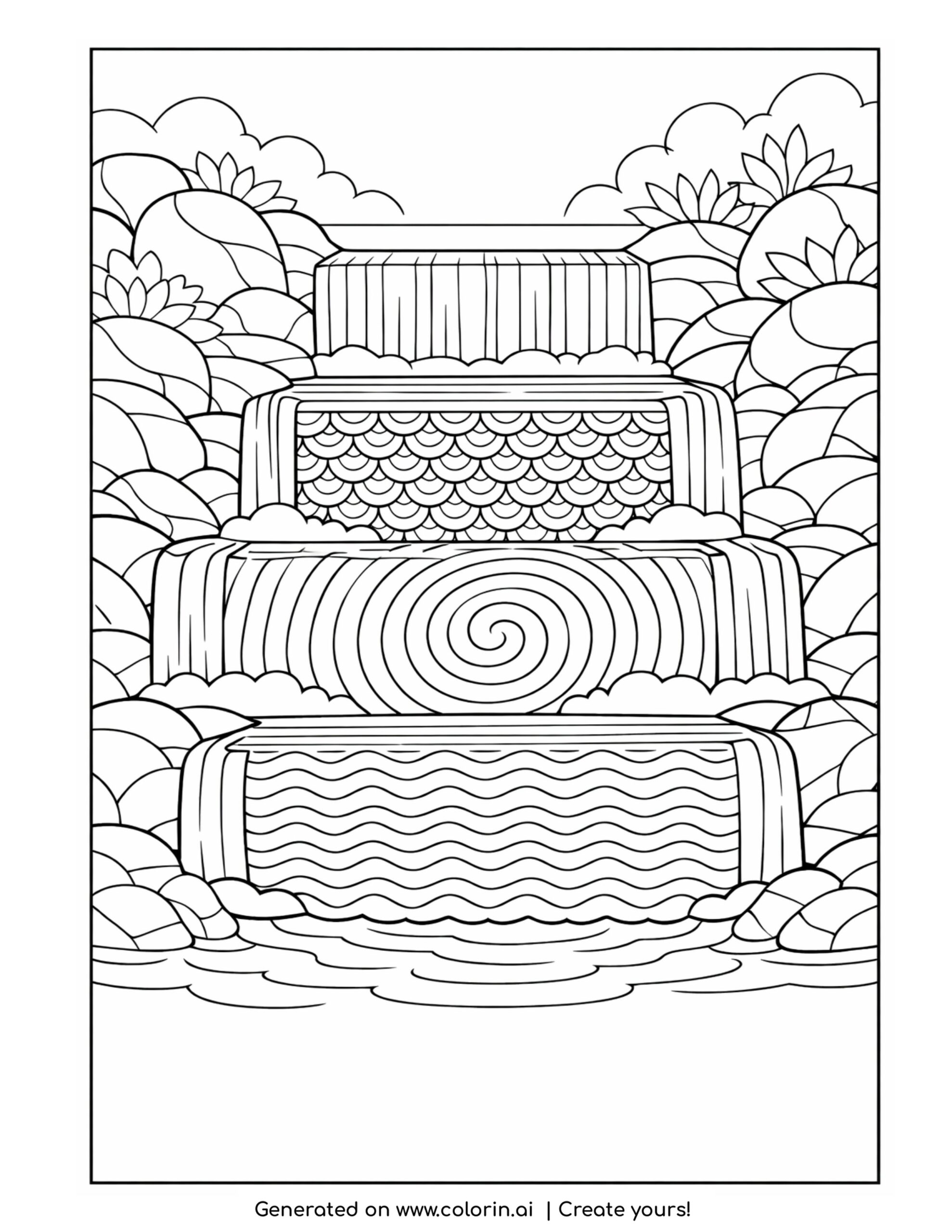 tiered waterfall with patterned rocks coloring page with flowing water and rounded stones
