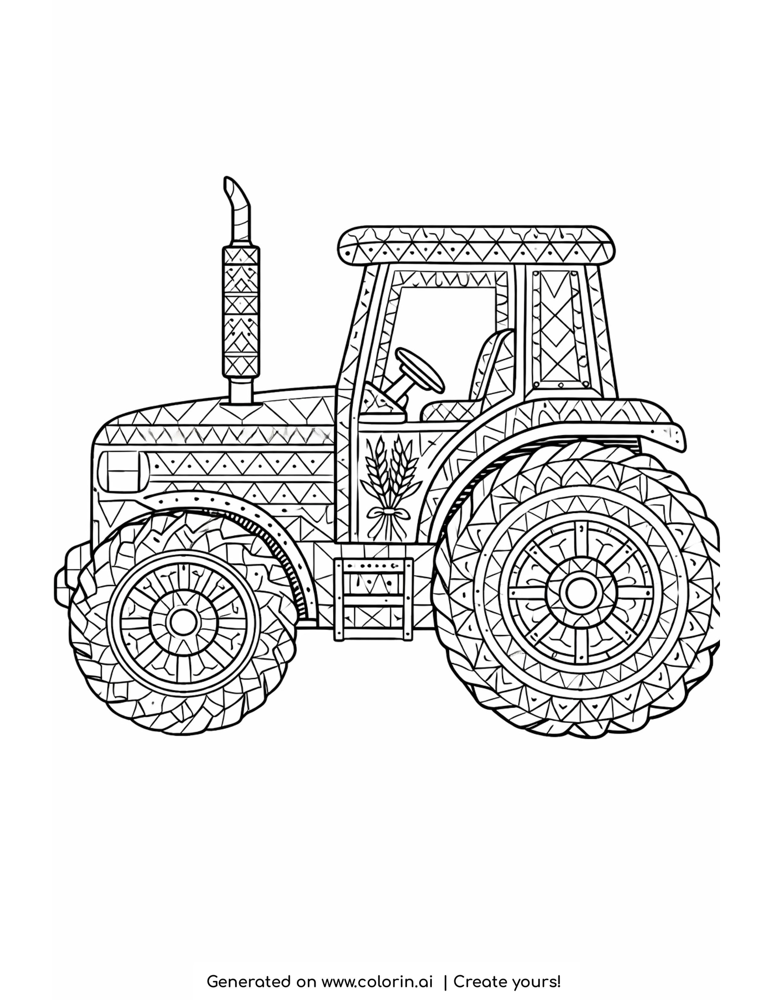 patterned tractor coloring pages: a zentangle farm tractor banded in triangles with a wheat sheaf on the side panel