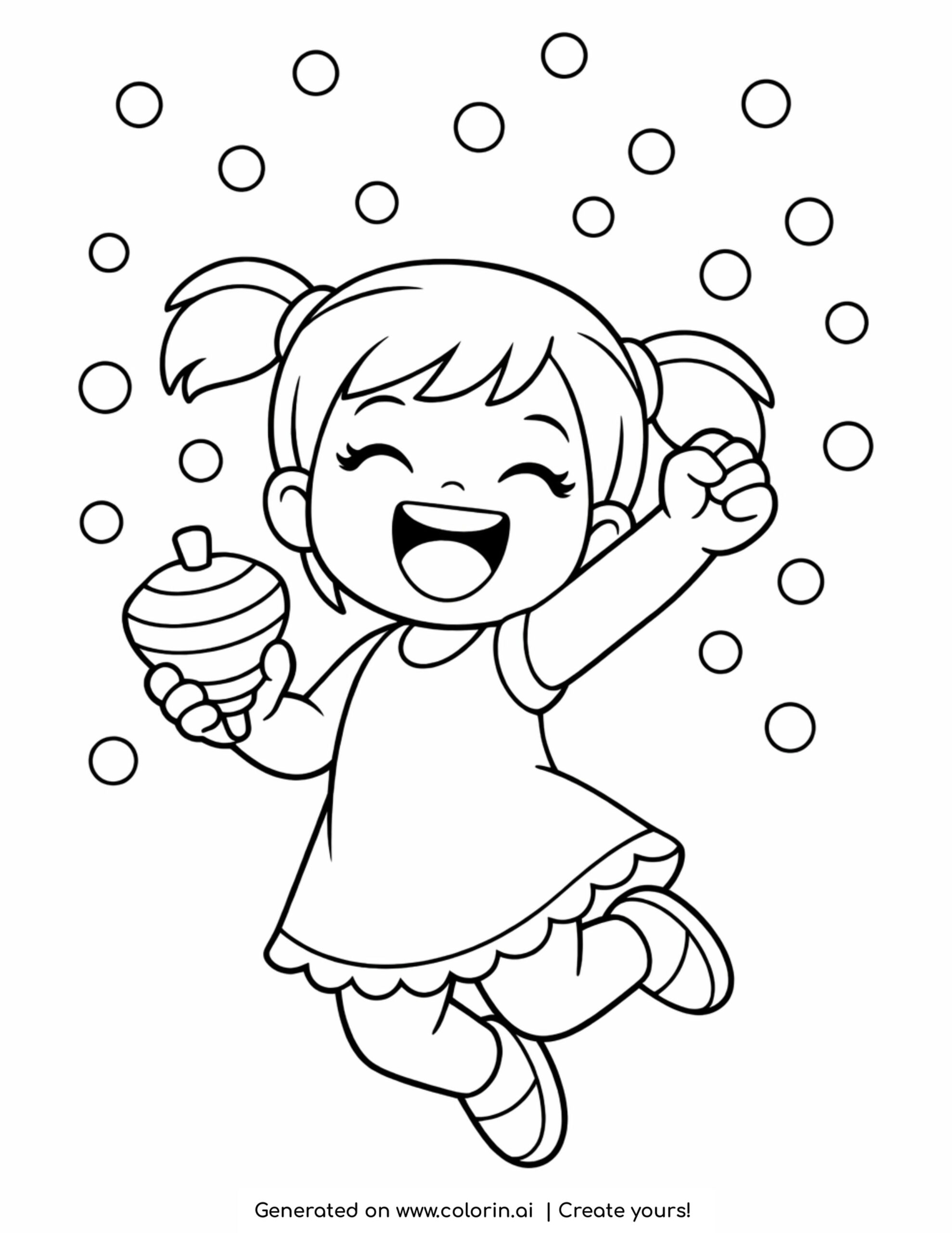 girl jumping with toy and confetti coloring page with happy child and falling dots