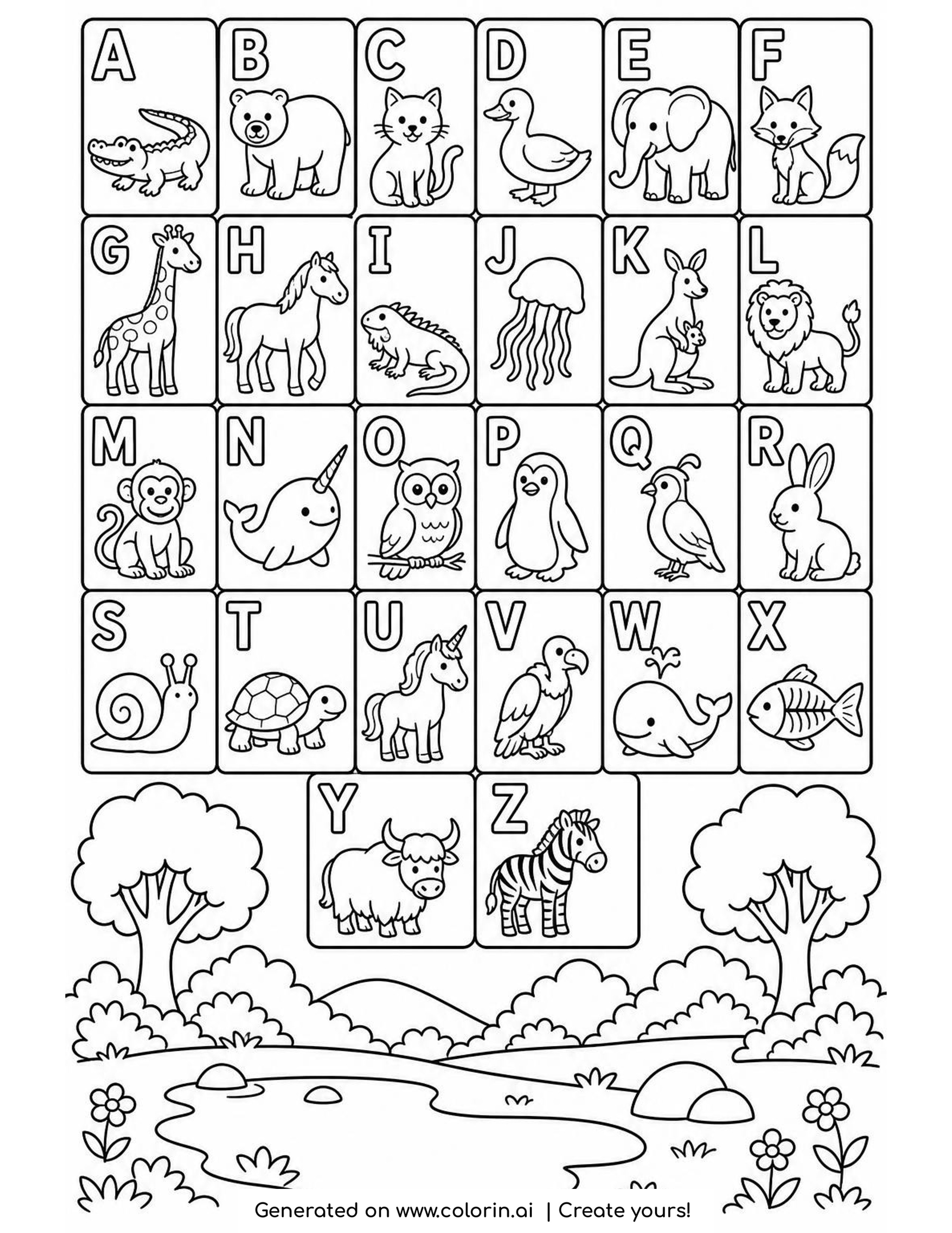 Animal Alphabet Coloring Page, A to Z | Colorin AI