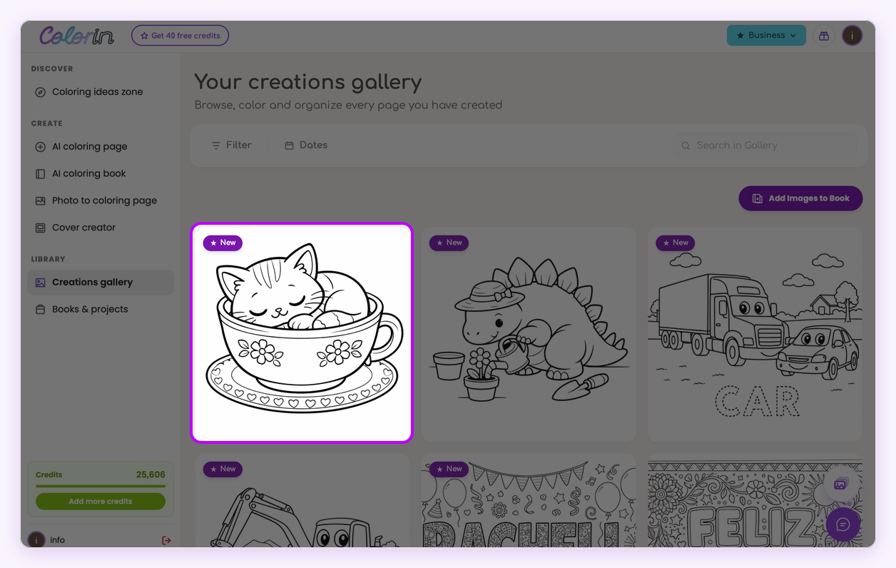 The finished kitten coloring page in the Colorin AI gallery