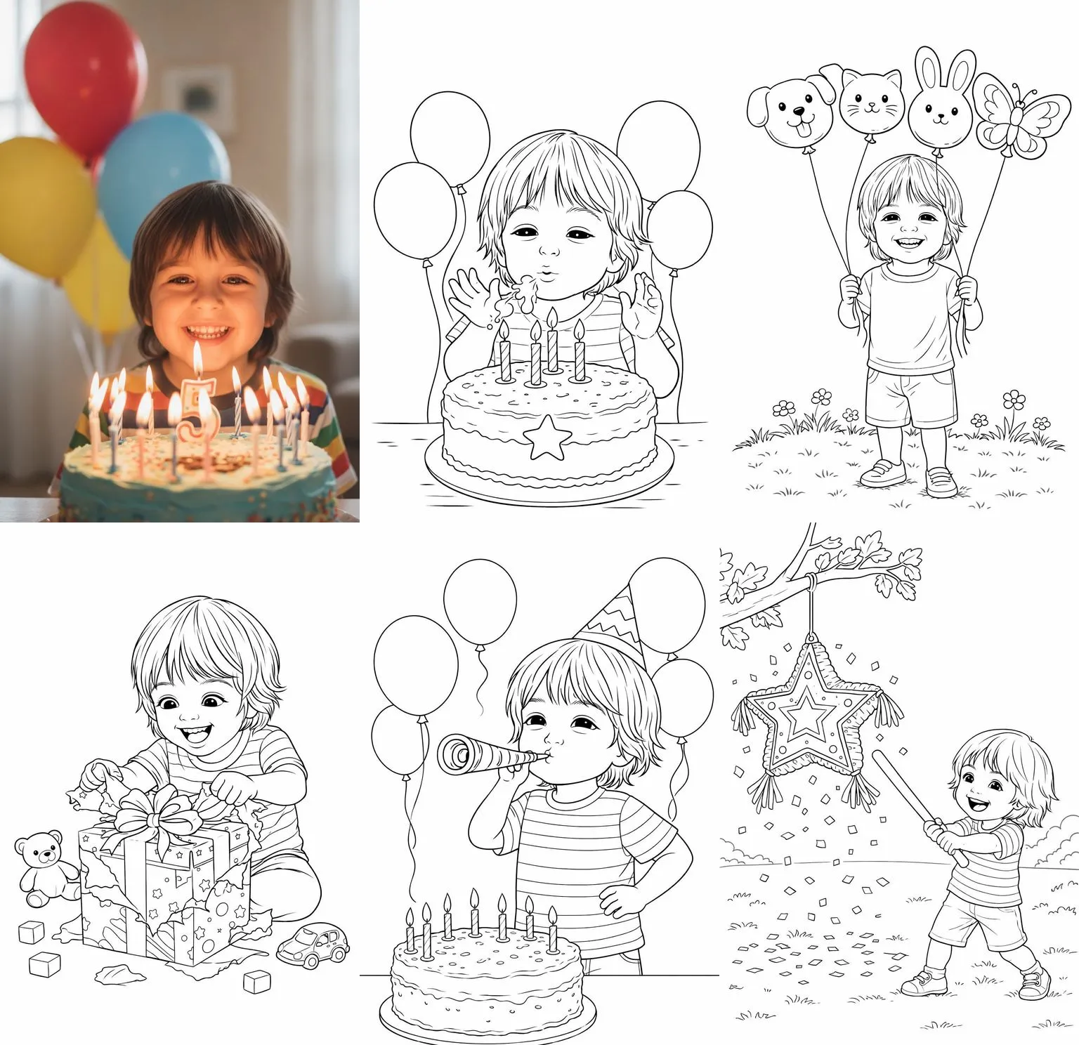 One photo of a boy with a birthday cake, and the five coloring pages generated with him as the character: candles, balloons, a present, a party horn and a pinata
