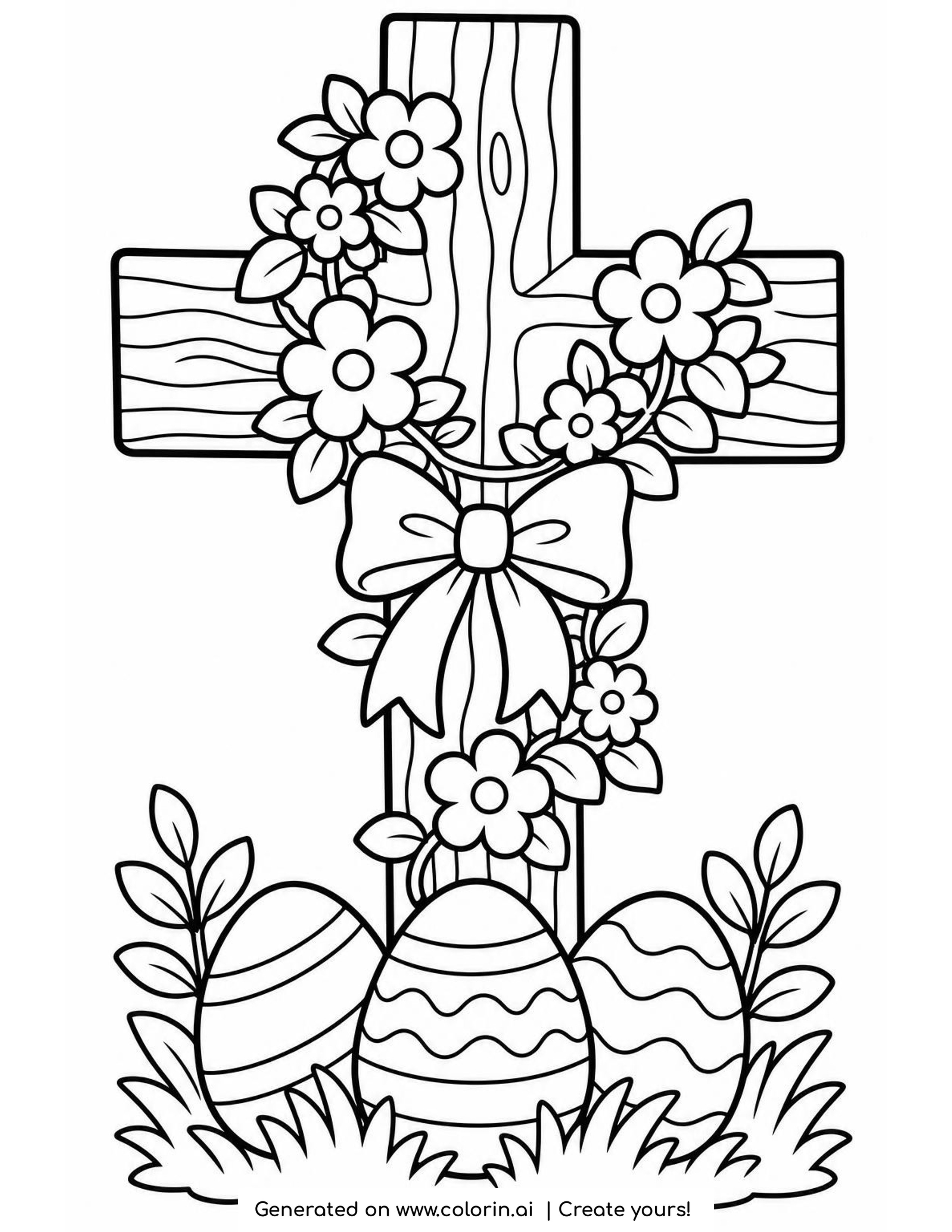 Easter Cross Coloring Page with Flower Garland | Colorin AI
