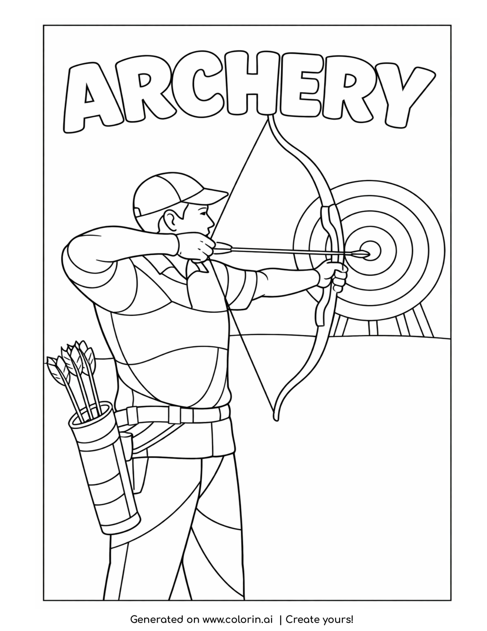 archer aiming at target coloring page with bow drawn and arrows hitting circular target coloring page
