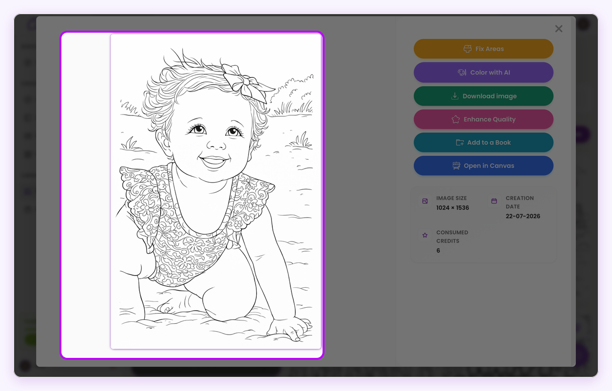 The converted baby coloring page, the reference for the whole book