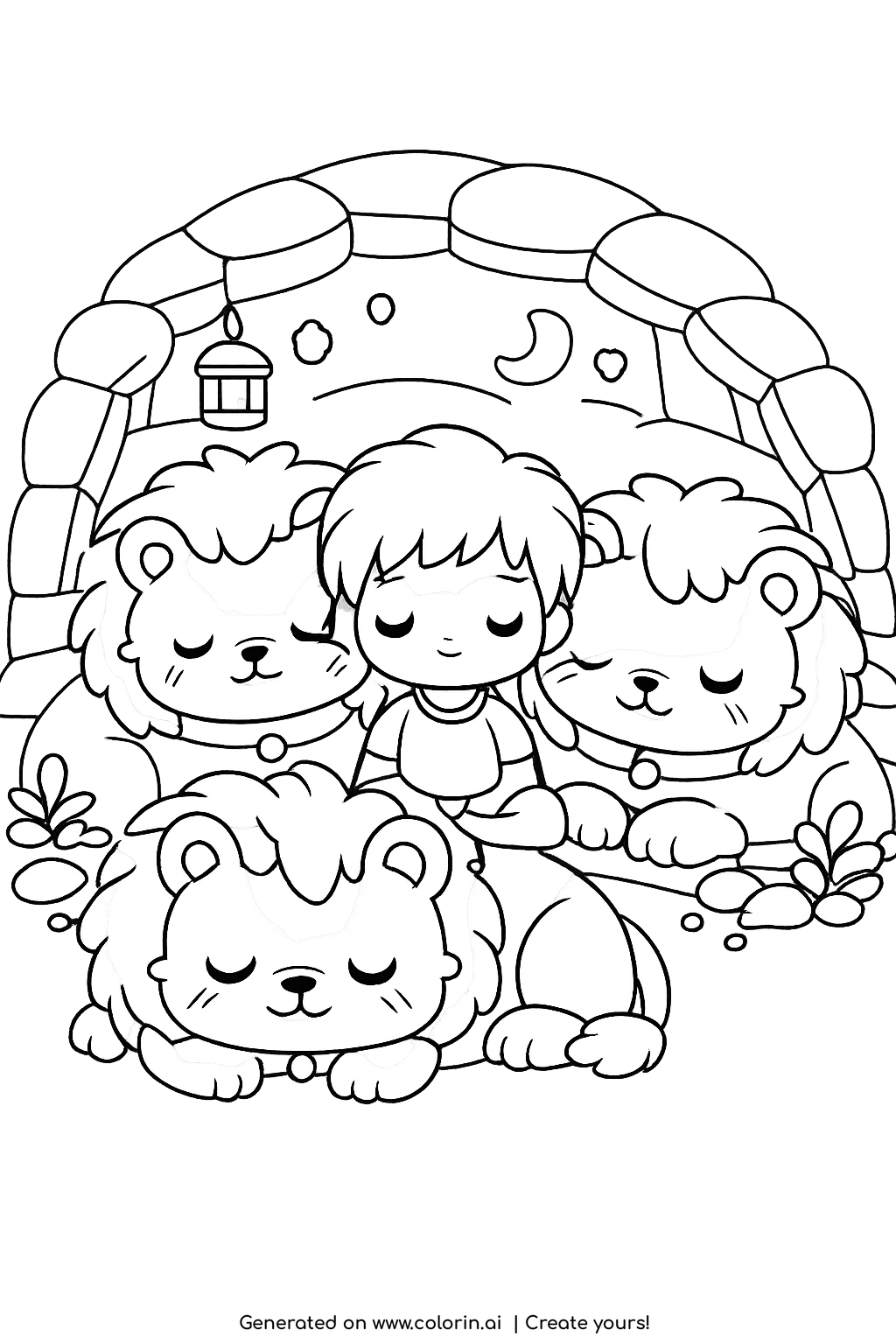 bible coloring pages for kids, calm boy among three fluffy sleepy lions in a stone den with a lantern