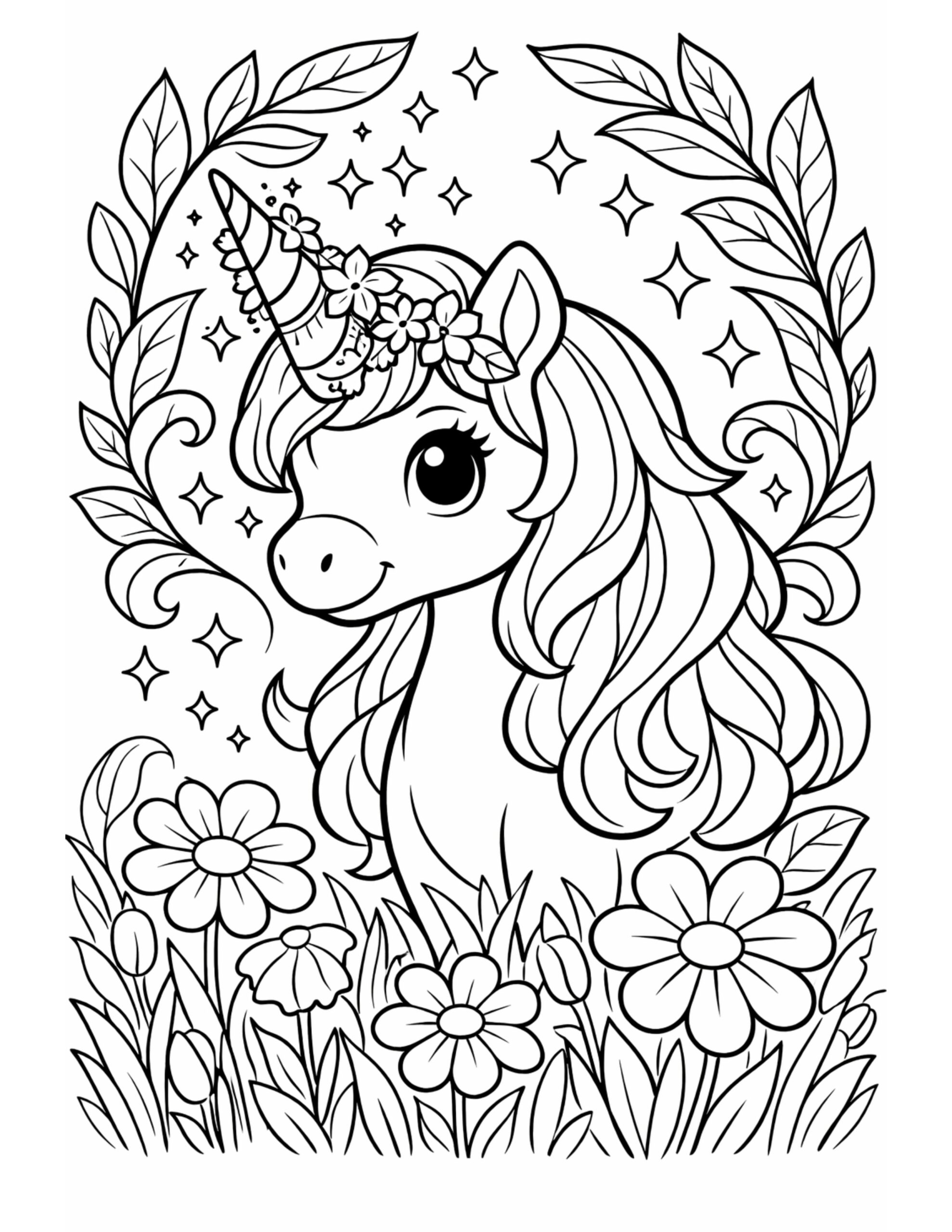 unicorn with floral wreath coloring page featuring a cute unicorn surrounded by flowers and stars coloring page