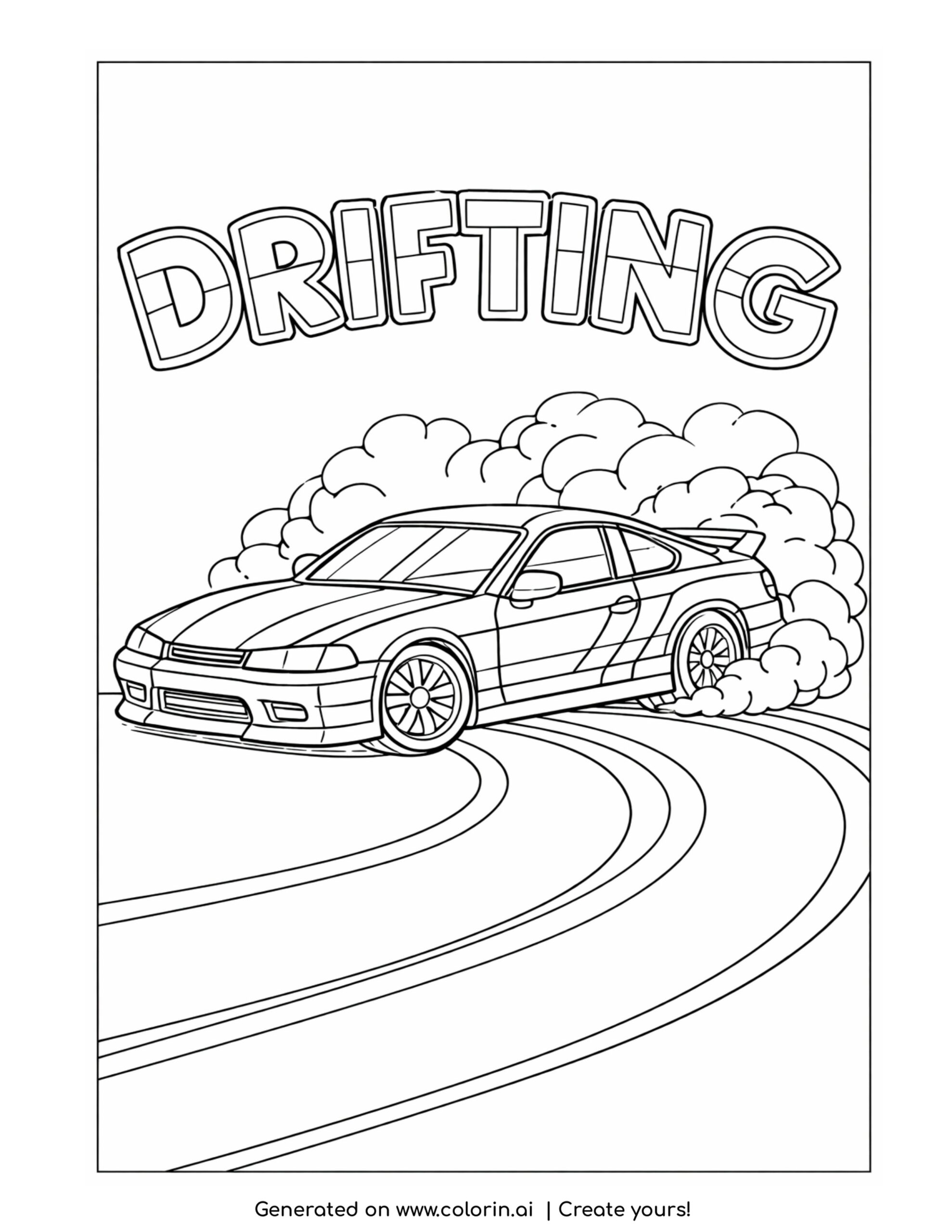drifting car sliding on curved road coloring page with smoke clouds and tire marks coloring page