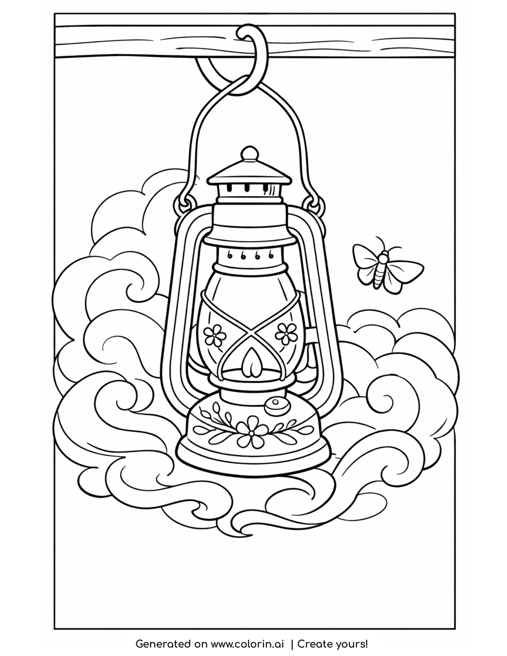 lantern coloring pages, an ornate old iron lantern hanging in swirling fog with a moth