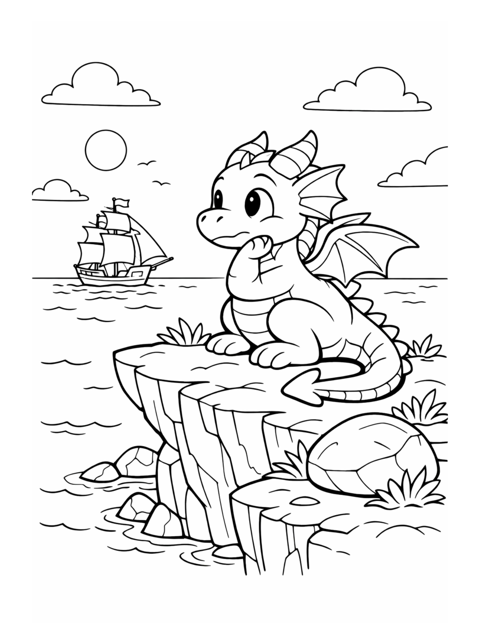 dragon watching a sailing ship coloring page, baby dragon sitting on a seaside cliff with a ship on the horizon coloring page